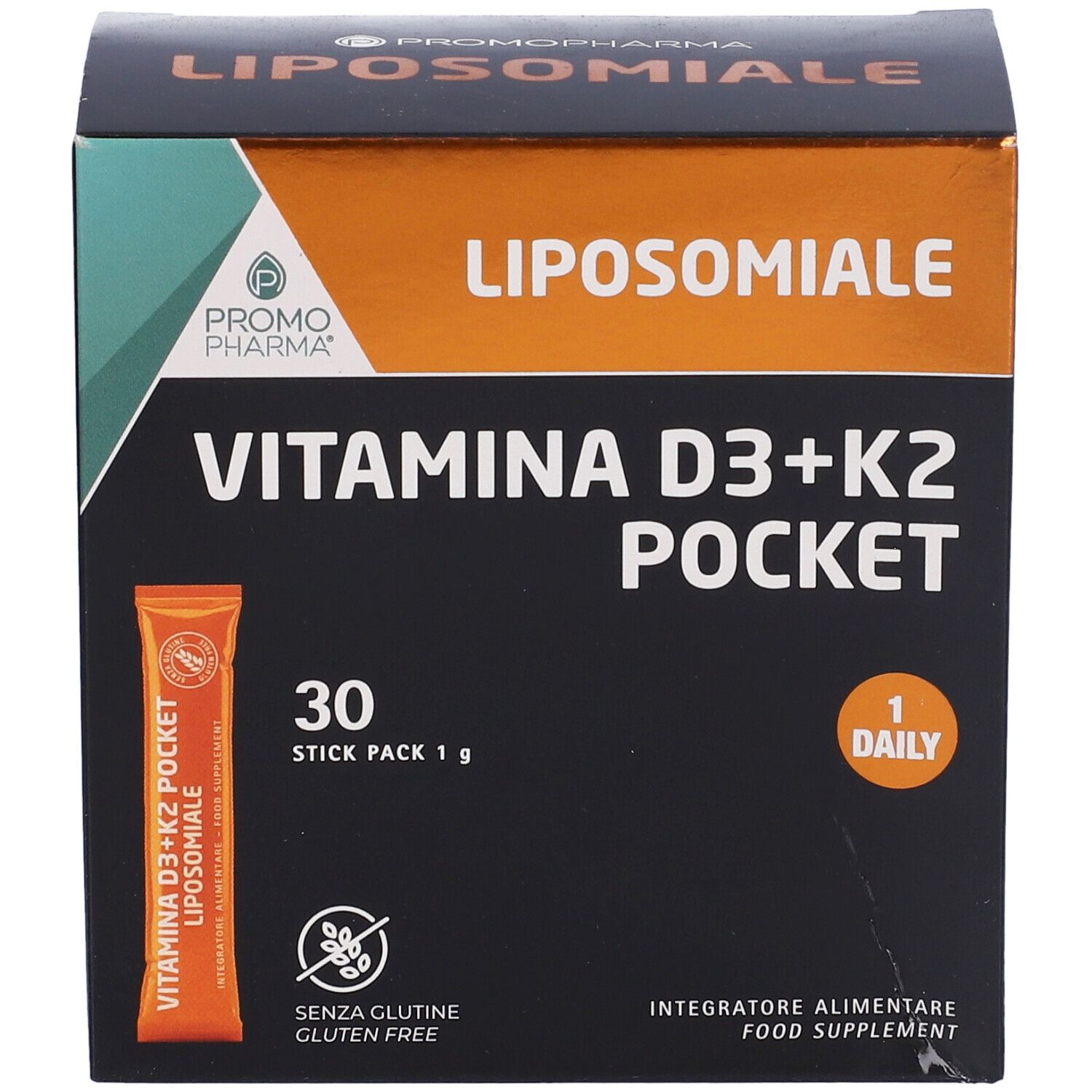 Scatola VITAMINA D3+K2 POCKET. 30 stick pack. Stickpack arancione.