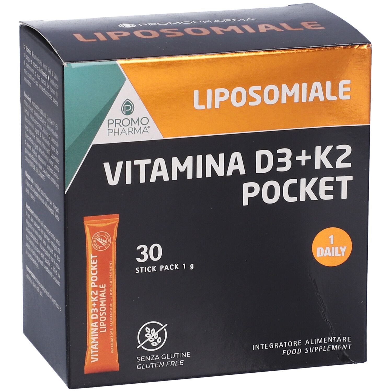 Scatola VITAMINA D3+K2 POCKET. 30 stick pack. Stickpack arancione.