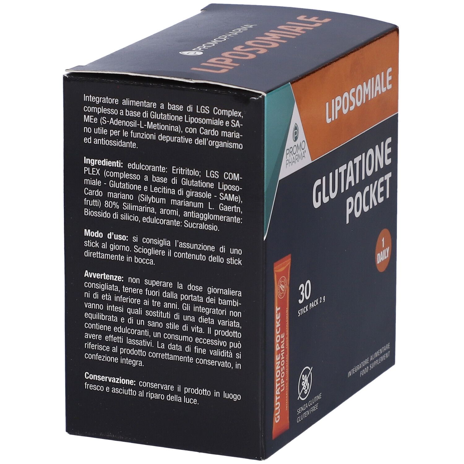Scatola Liposomiale Glutatione Pocket. Testo italiano. 30 stick. Senza glutine. Integratore alimentare.