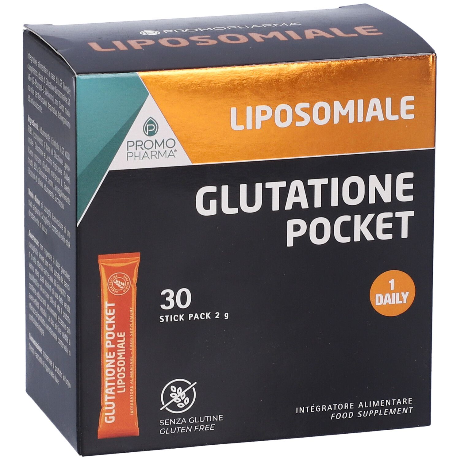 Scatola Liposomiale Glutatione Pocket. Contiene 30 stick. Senza glutine. Stick arancione visibile. Integratore alimentare.