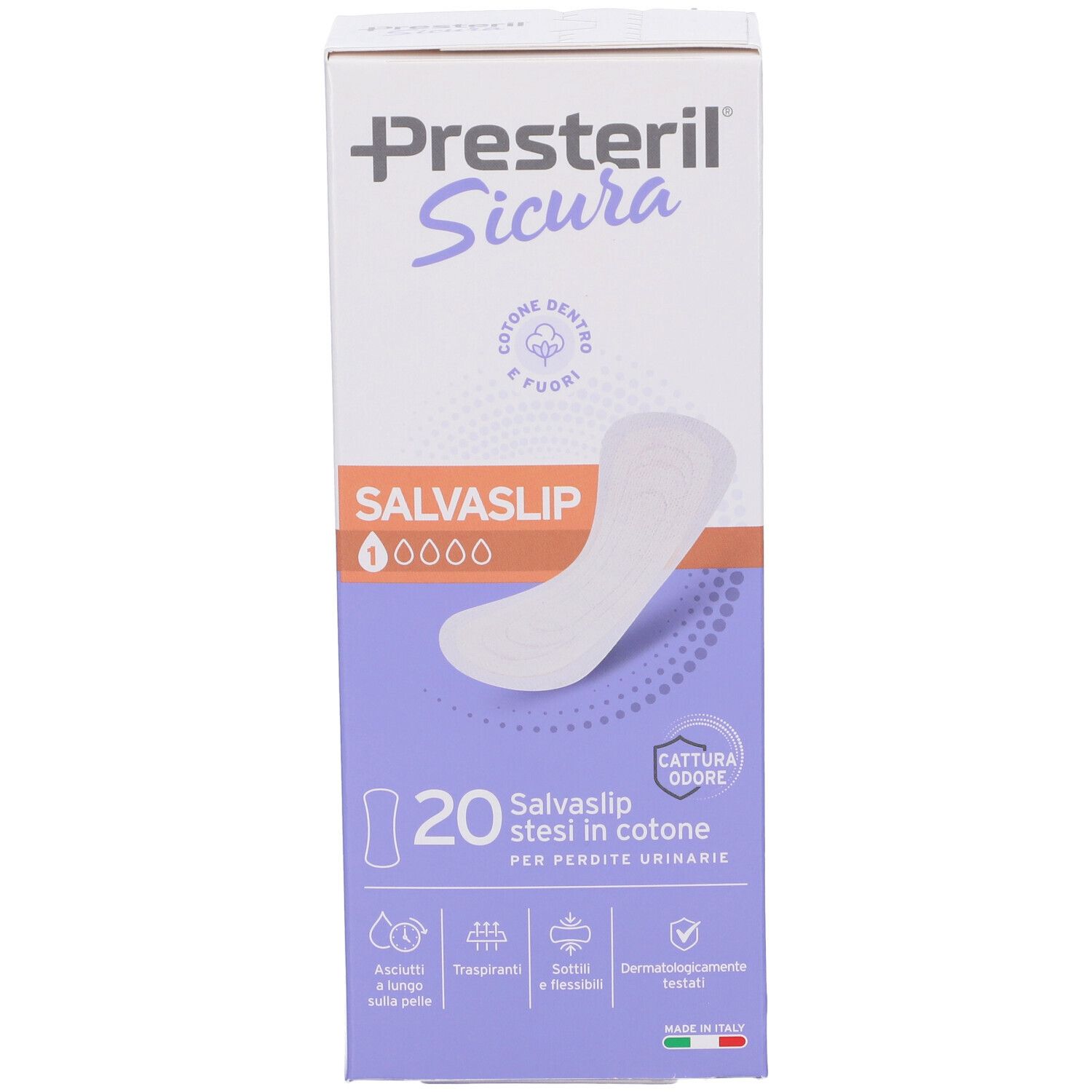 Fronte della confezione Presteril Sicura Salviaslip, 20 pezzi, con illustrazione di un salvaslip.