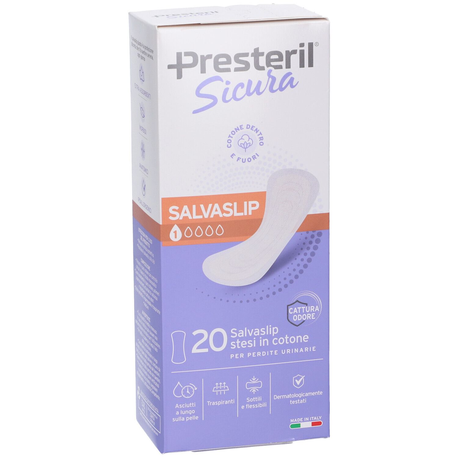 Fronte della confezione Presteril Sicura Salviaslip, 20 pezzi, con illustrazione di un salvaslip.