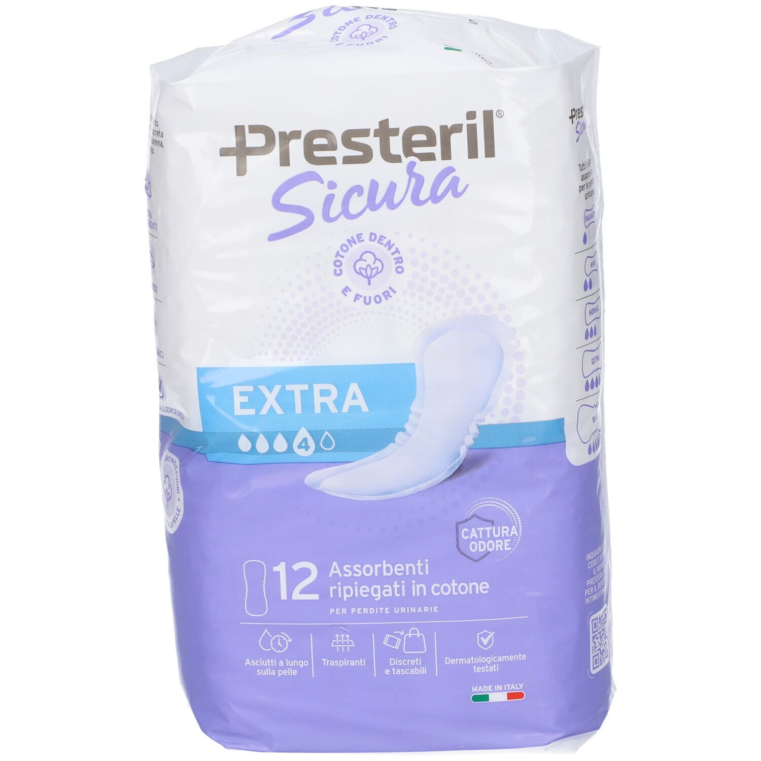 Confezione da 12 assorbenti Presteril Sicura Extra, in cotone, con caratteristiche prodotto.