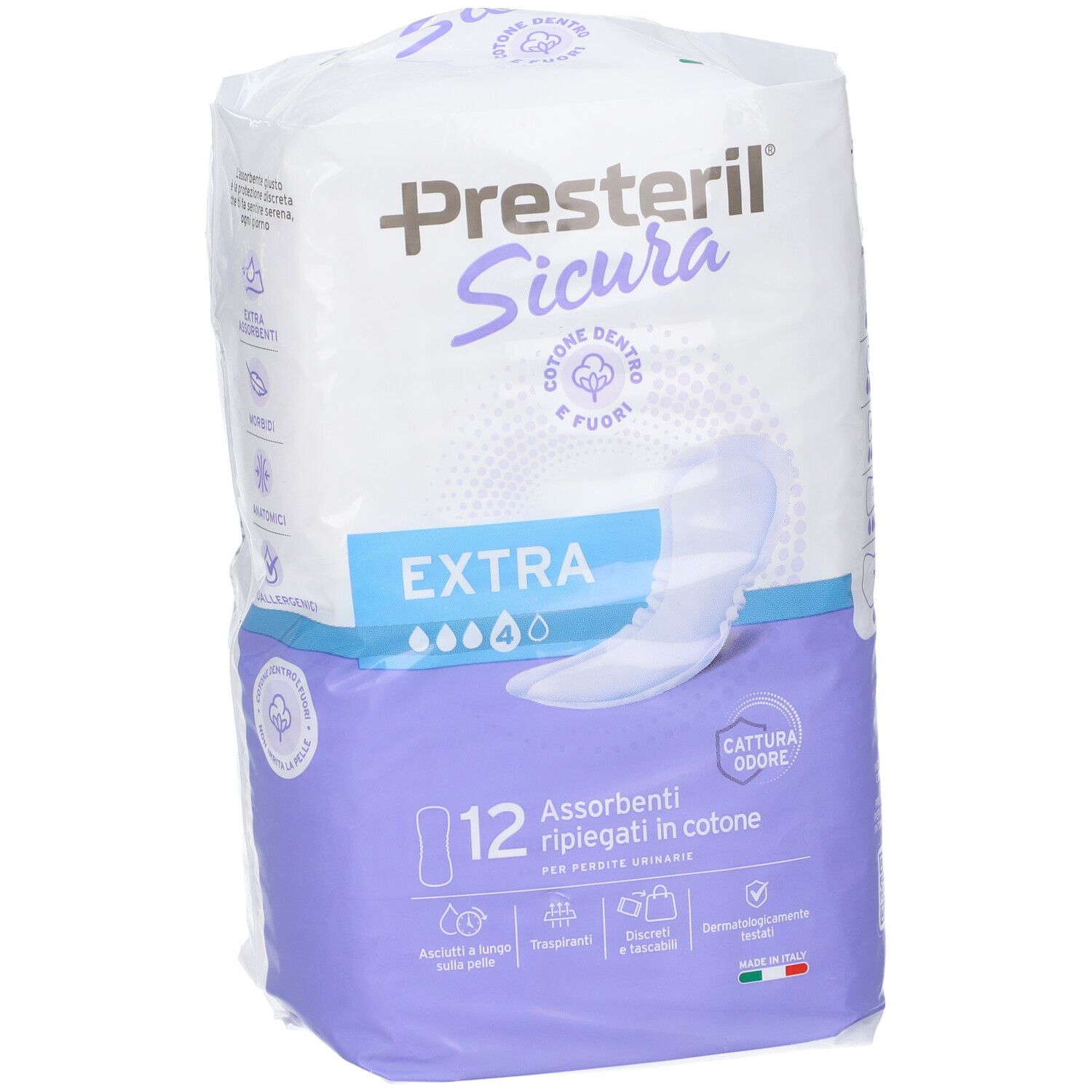 Confezione da 12 assorbenti Presteril Sicura Extra, in cotone, con focus sul prodotto.