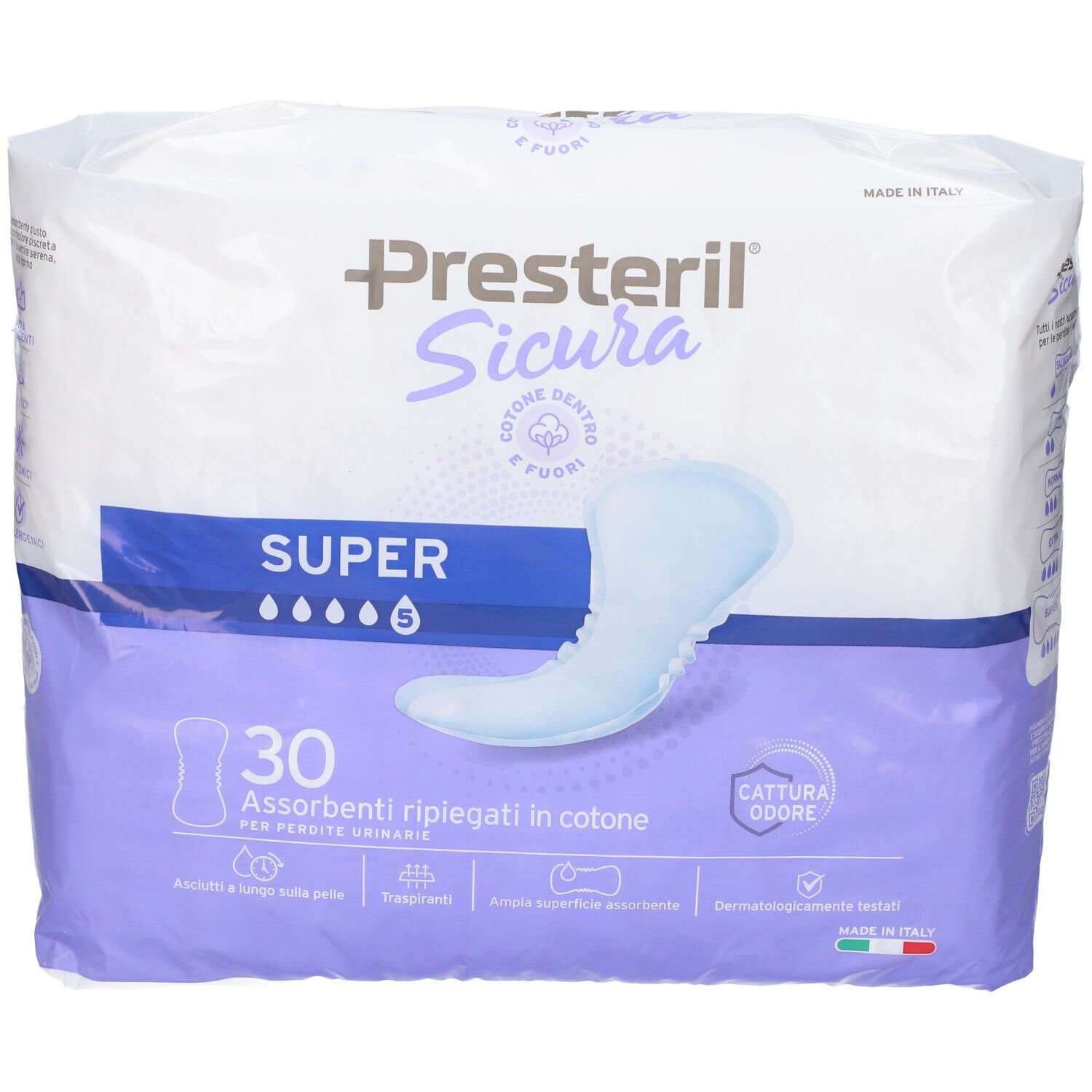 Presteril Sicura Super, 30 assorbenti. Fronte con immagine prodotto e dettagli.