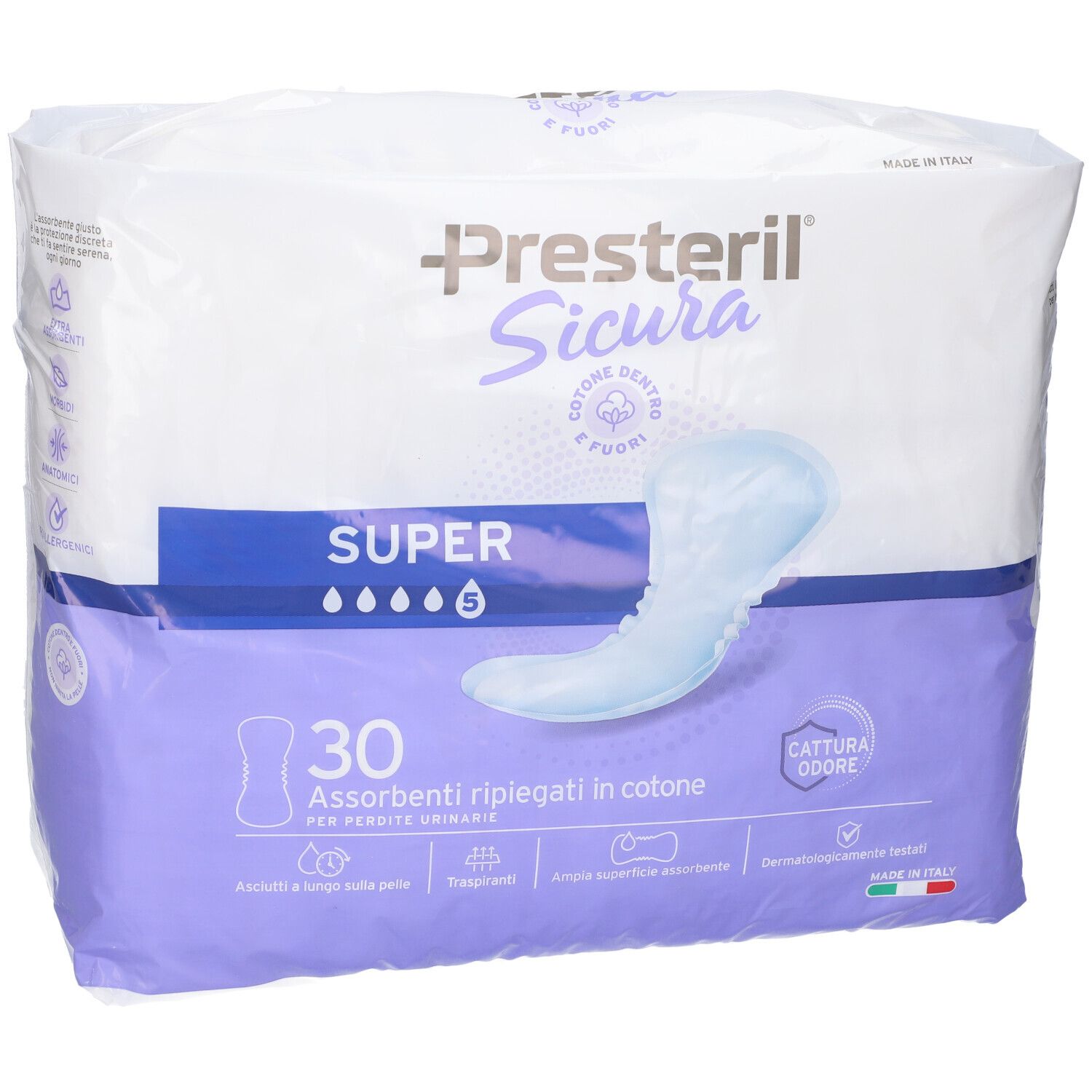 Presteril Sicura Super, 30 assorbenti. Nucleo in cotone per perdite urinarie.