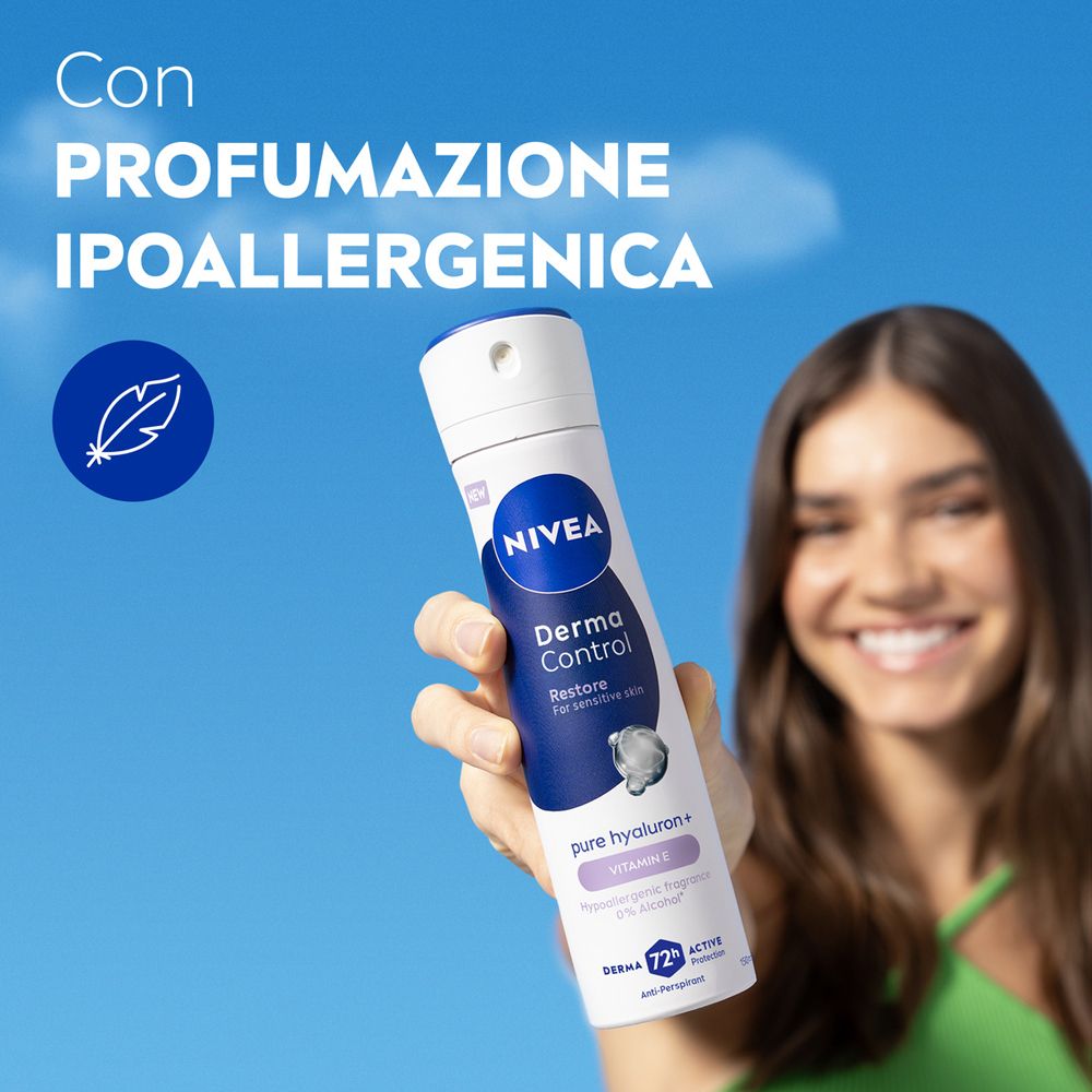 Donna tiene spray deodorante. Testo: Con profumazione ipoallergenica. Logo: Derma Control Restore.