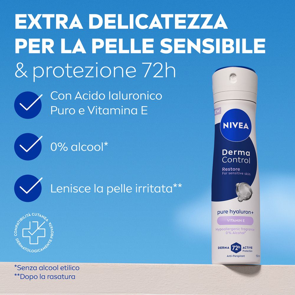 Spray deodorante e testo: Extra delicatezza per la pelle sensibile & protezione 72h. Con acido ialuronico e vitamina E.