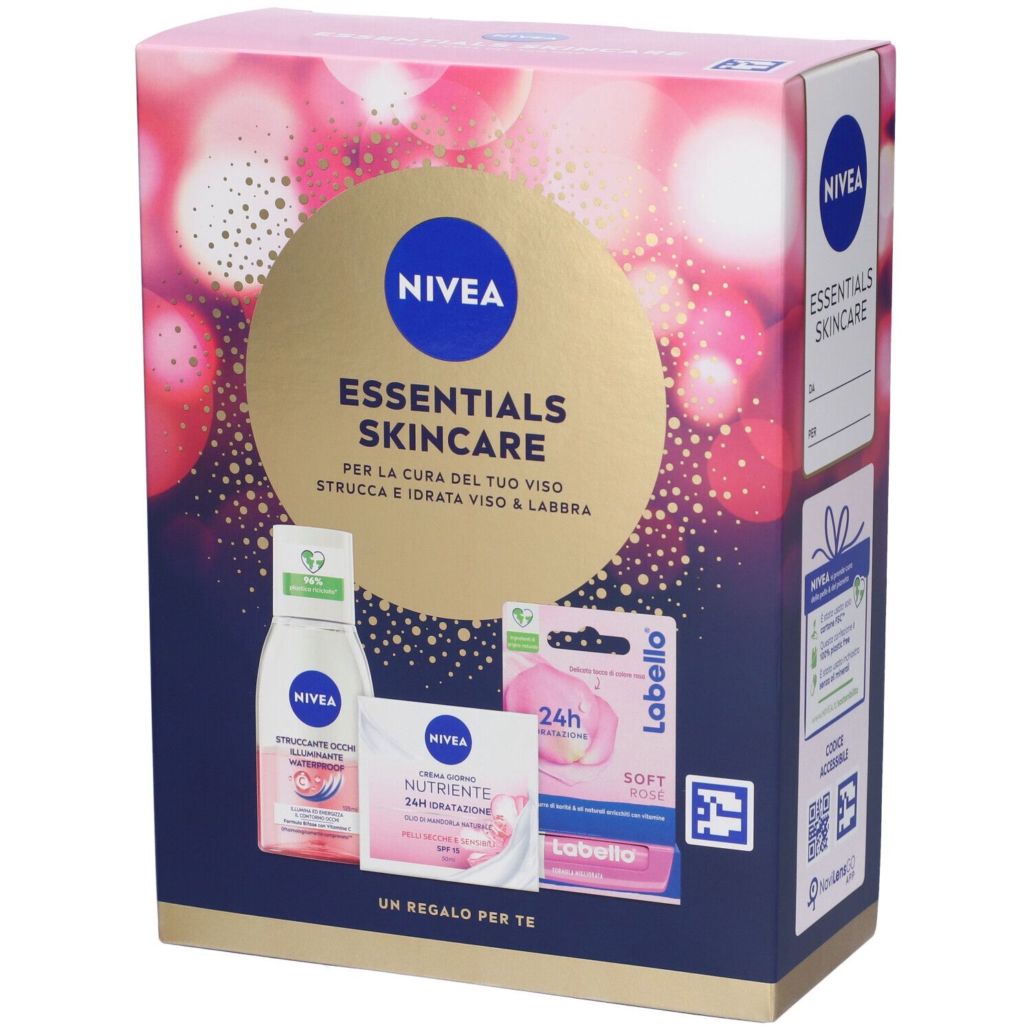 Scatola regalo NIVEA con struccante, crema giorno e Labello. Design rosa e oro. Con logo e testo. Prodotti per la cura.