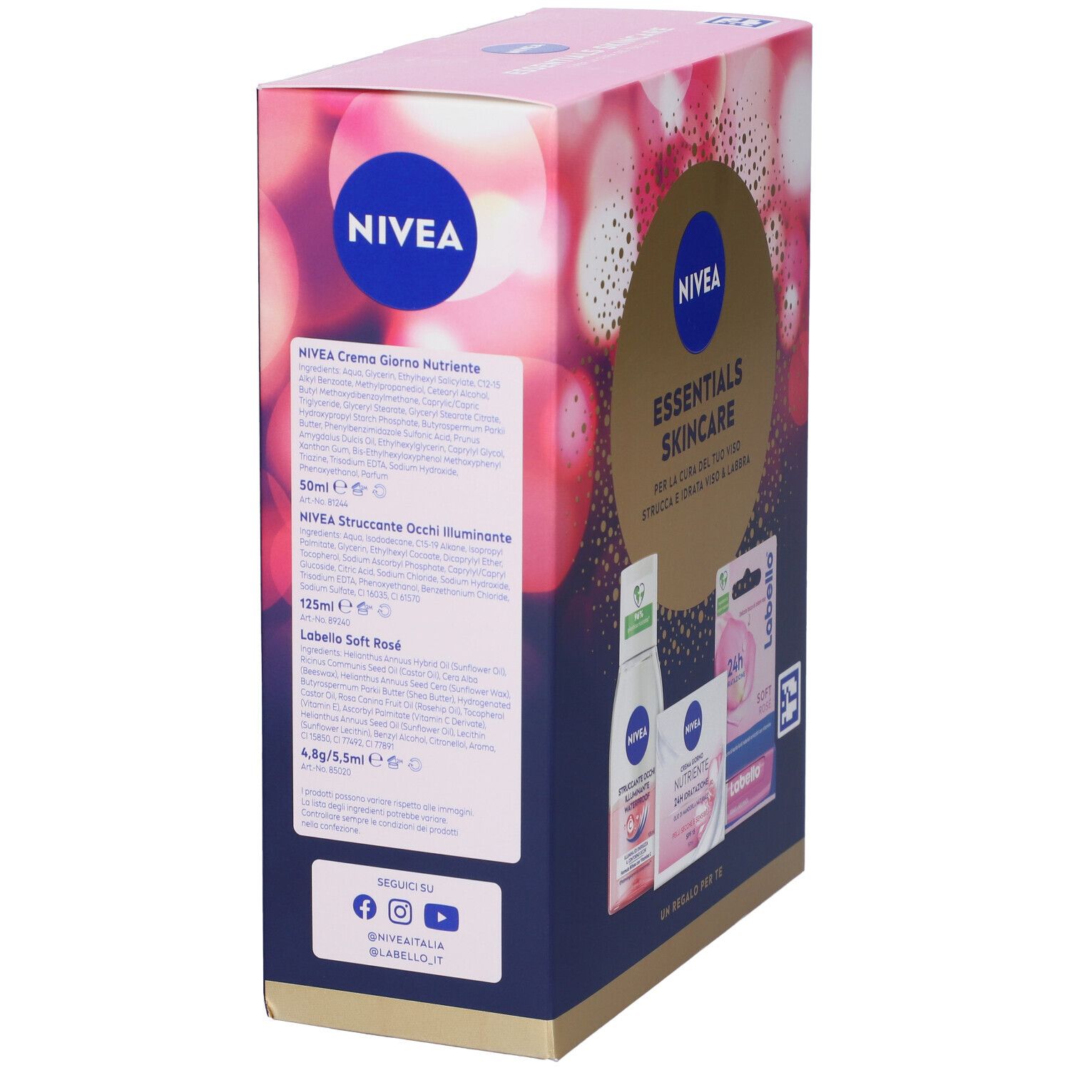 Retro della confezione regalo NIVEA. Contiene informazioni sui prodotti e loghi. Design rosa e oro. Con testo.
