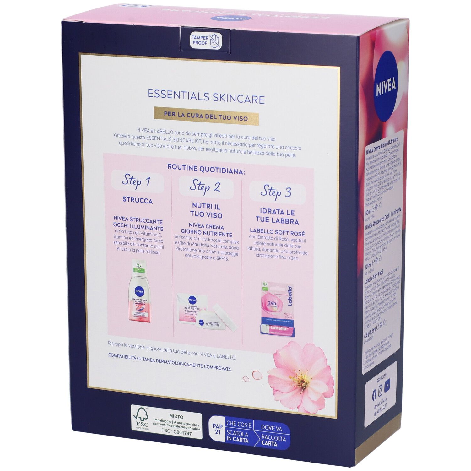 Retro della confezione regalo NIVEA. Contiene istruzioni e loghi. Design rosa e oro. Con testo.