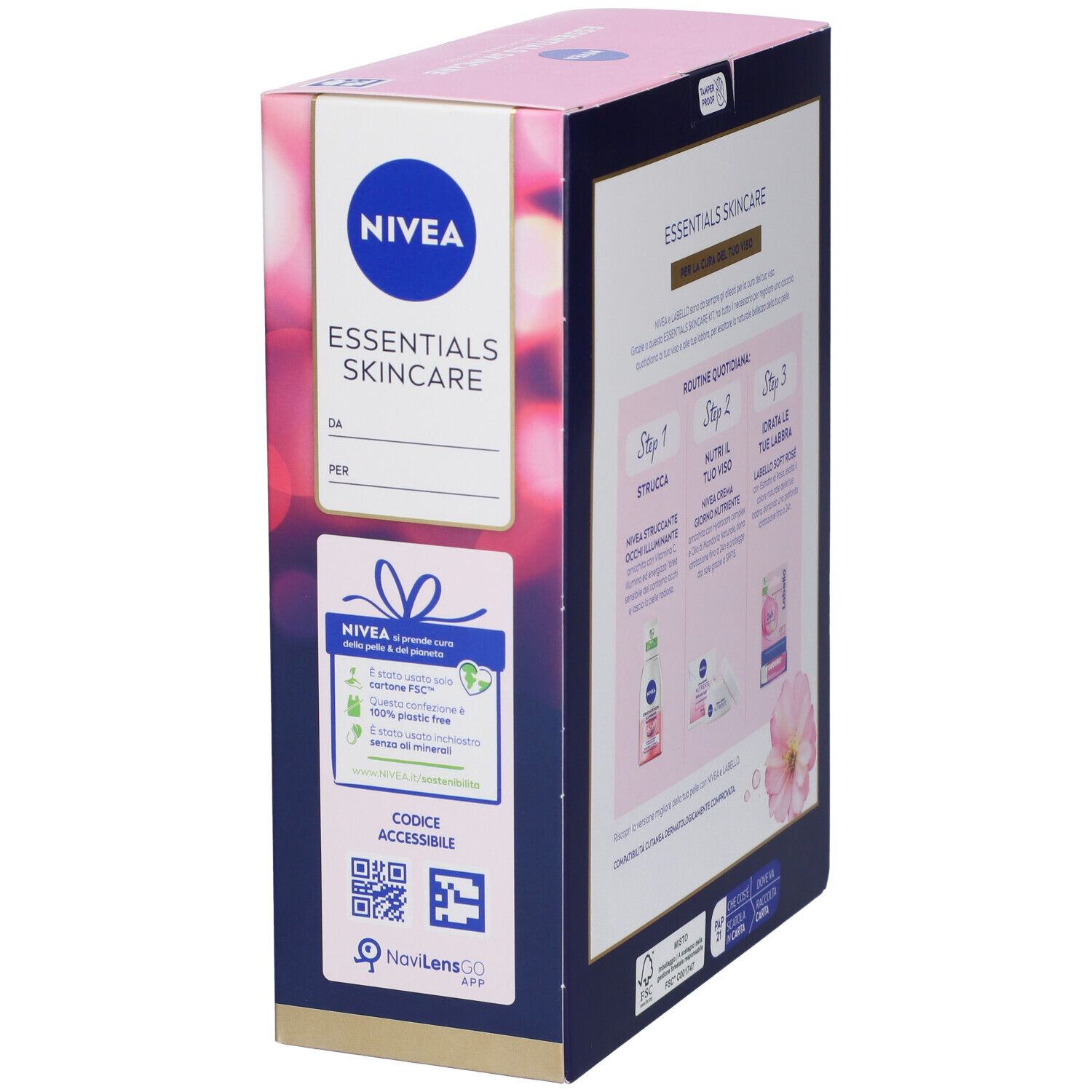 Vista laterale della confezione regalo NIVEA. Contiene loghi e testo. Design rosa e oro. Con testo.