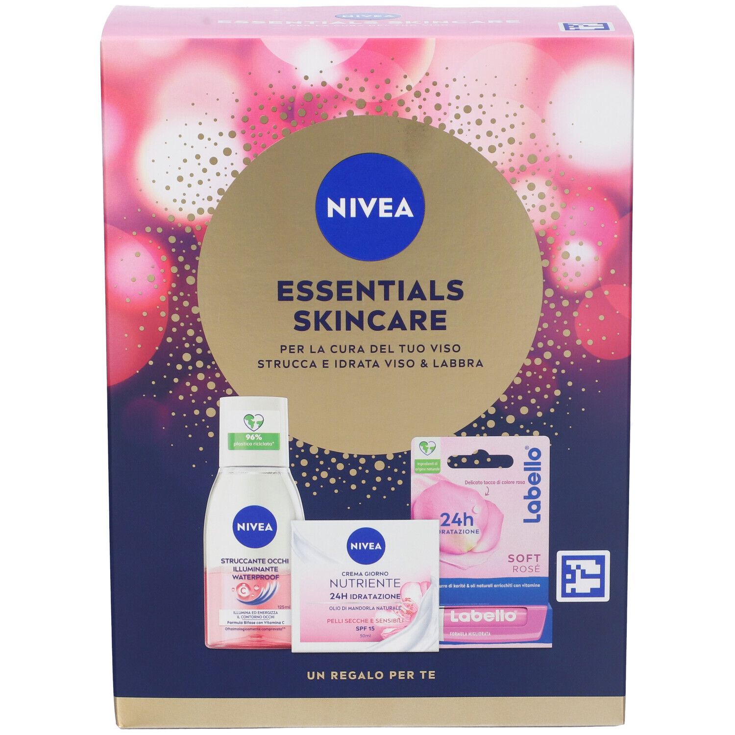 Scatola regalo NIVEA con struccante, crema giorno e Labello. Design rosa e oro. Con logo e testo. Prodotti per la cura.
