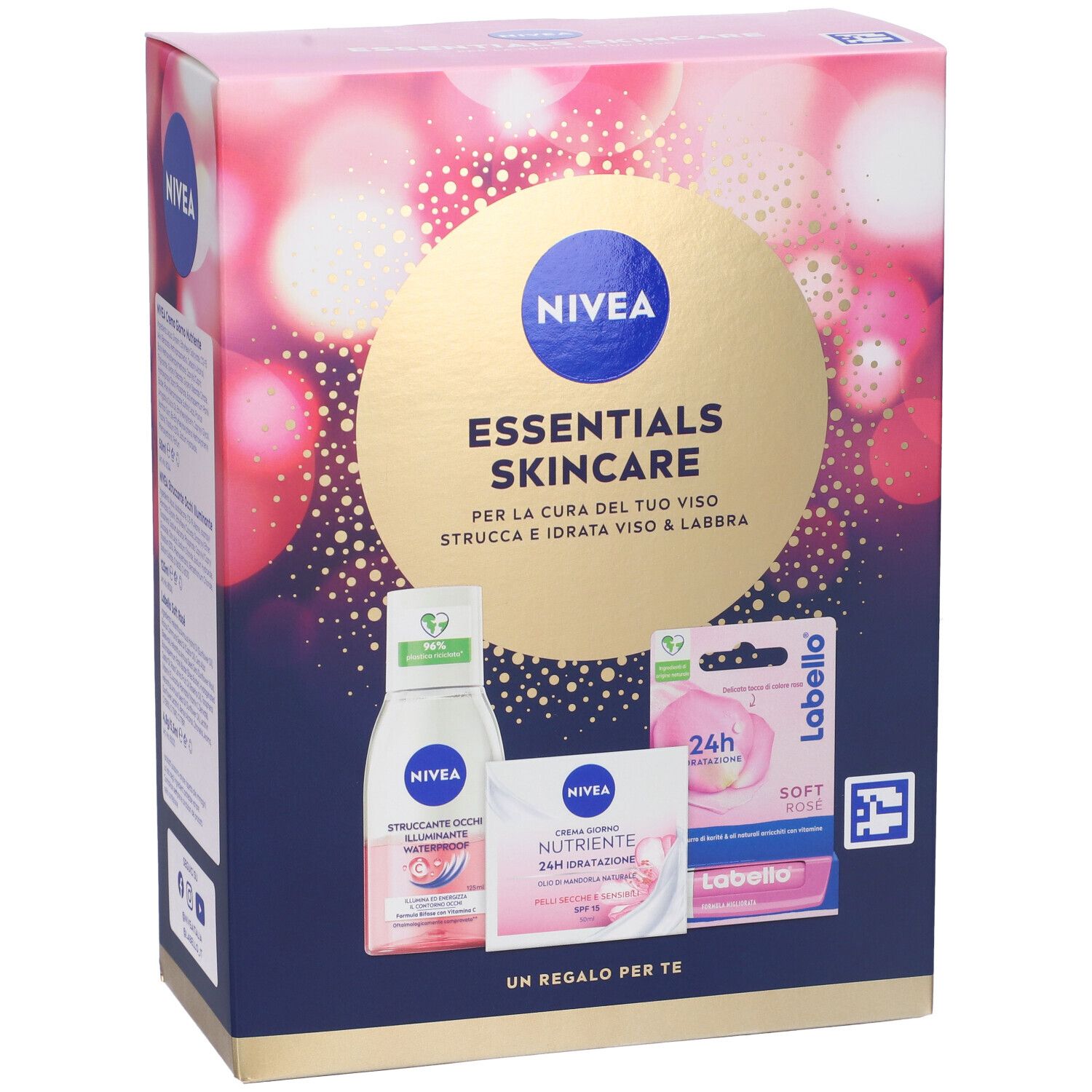 Scatola regalo NIVEA con struccante, crema giorno e Labello. Design rosa e oro. Con logo e testo. Prodotti per la cura.