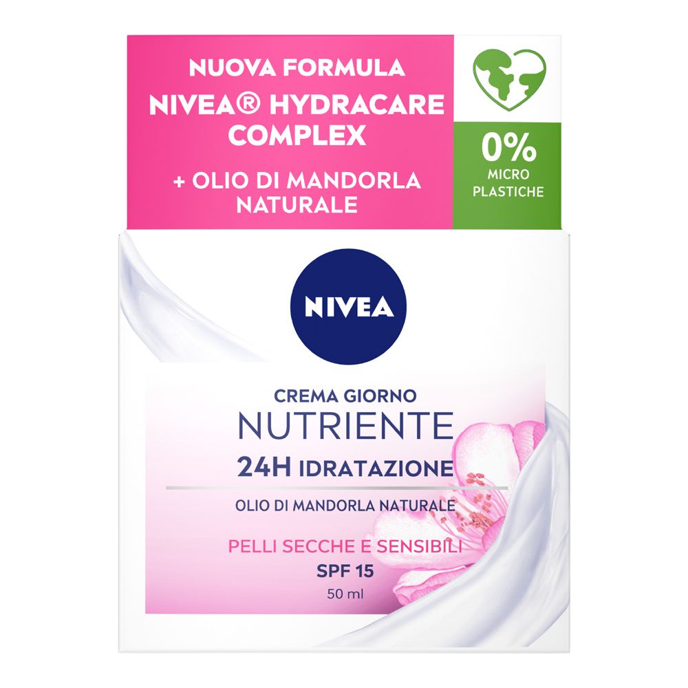 Crema giorno NIVEA. Confezione bianca e rosa. Testo: Nutriente, idratazione 24h, SPF 15. Con logo e dettagli.