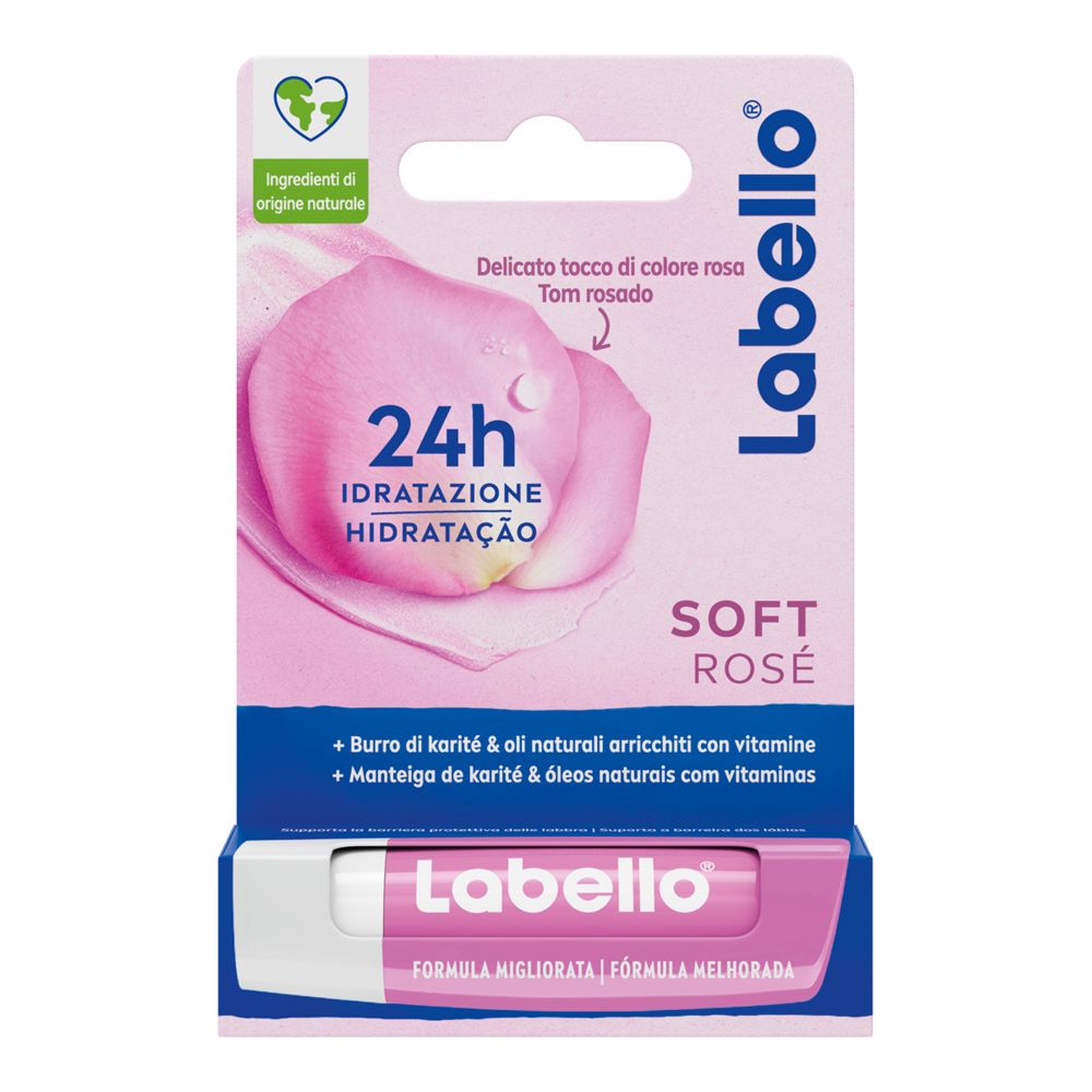 Labello Soft Rosé. Confezione rosa con rossetto. Testo: Idratazione 24h. Con logo e nome del prodotto.