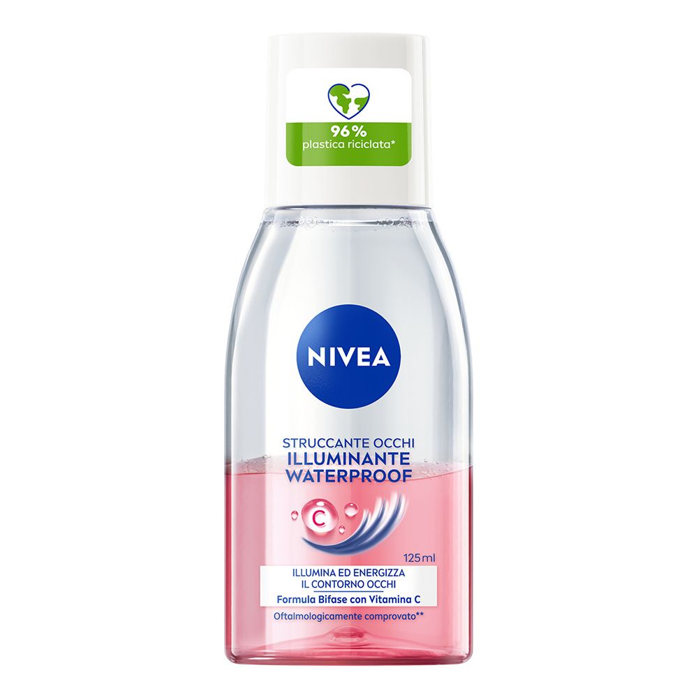 Struccante occhi NIVEA. Flacone trasparente con liquido rosa. Testo: Waterproof, 96% plastica riciclata. Con logo.