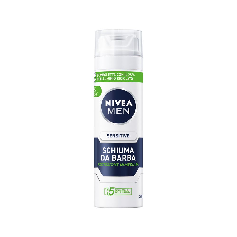 Schiuma da barba Nivea Men Sensitive. Bomboletta bianca con etichetta blu e logo. 200ml. Confezione.