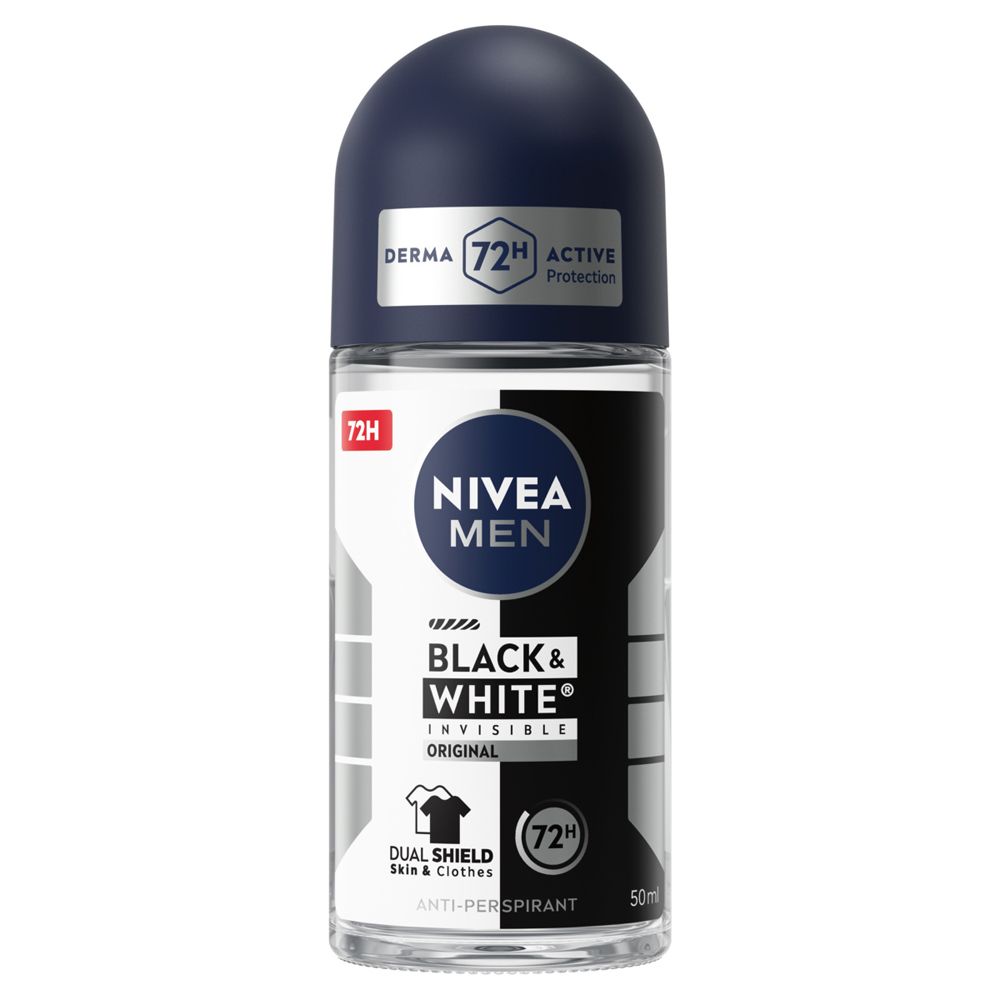 Deodorante roll-on Nivea Men Black & White Invisible Original. Tappo nero, etichetta bianca. 50ml.