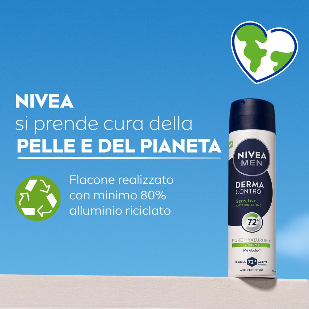 Bomboletta spray deodorante. Scritta: NIVEA MEN, DERMA CONTROL, Sensitive, 72h. Con acido ialuronico e vitamina E. Simbolo di riciclo. Cielo blu.