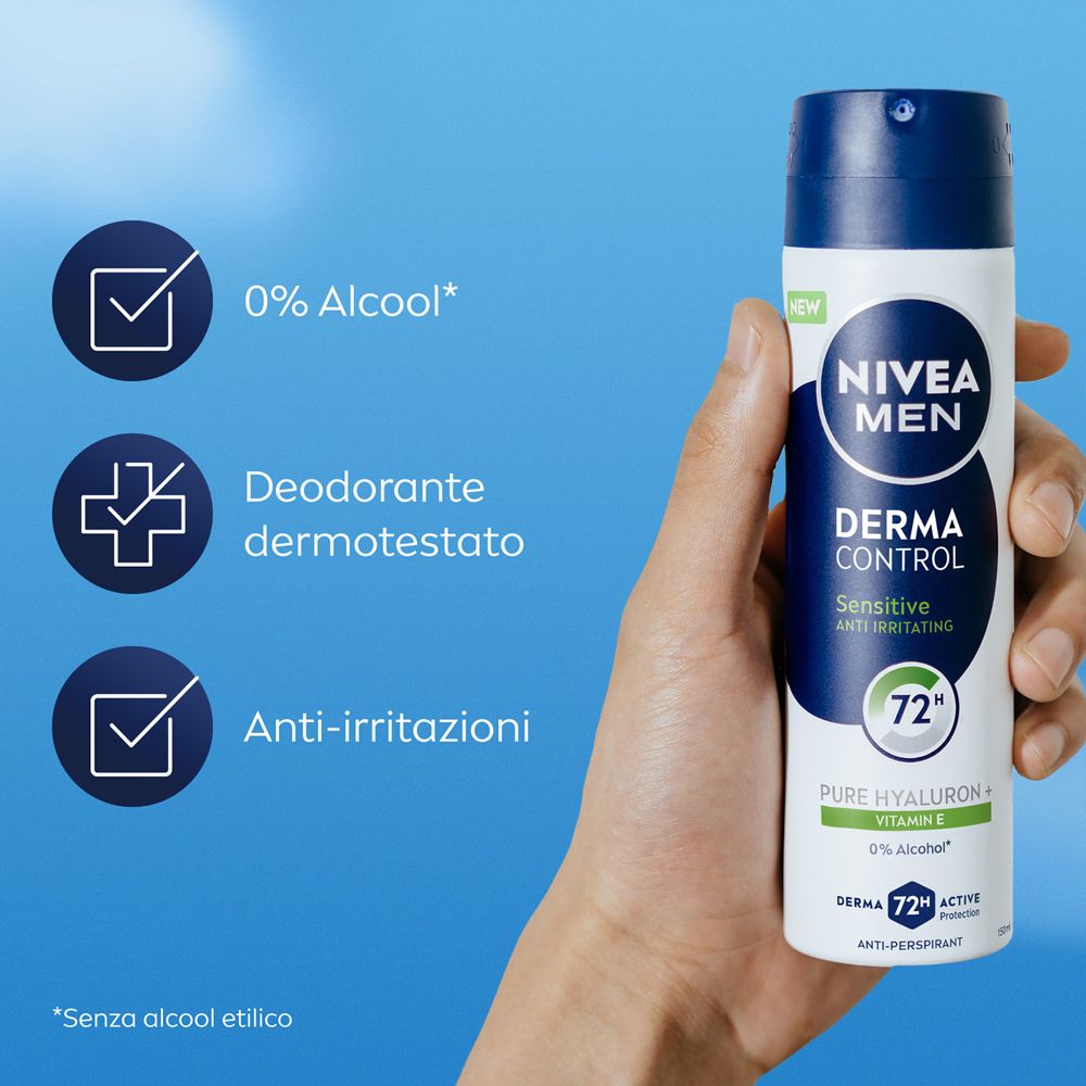 Persona che tiene in mano una bomboletta spray deodorante. Scritta: NIVEA MEN, DERMA CONTROL, Sensitive, 72h. Con acido ialuronico e vitamina E. 0% alcool.