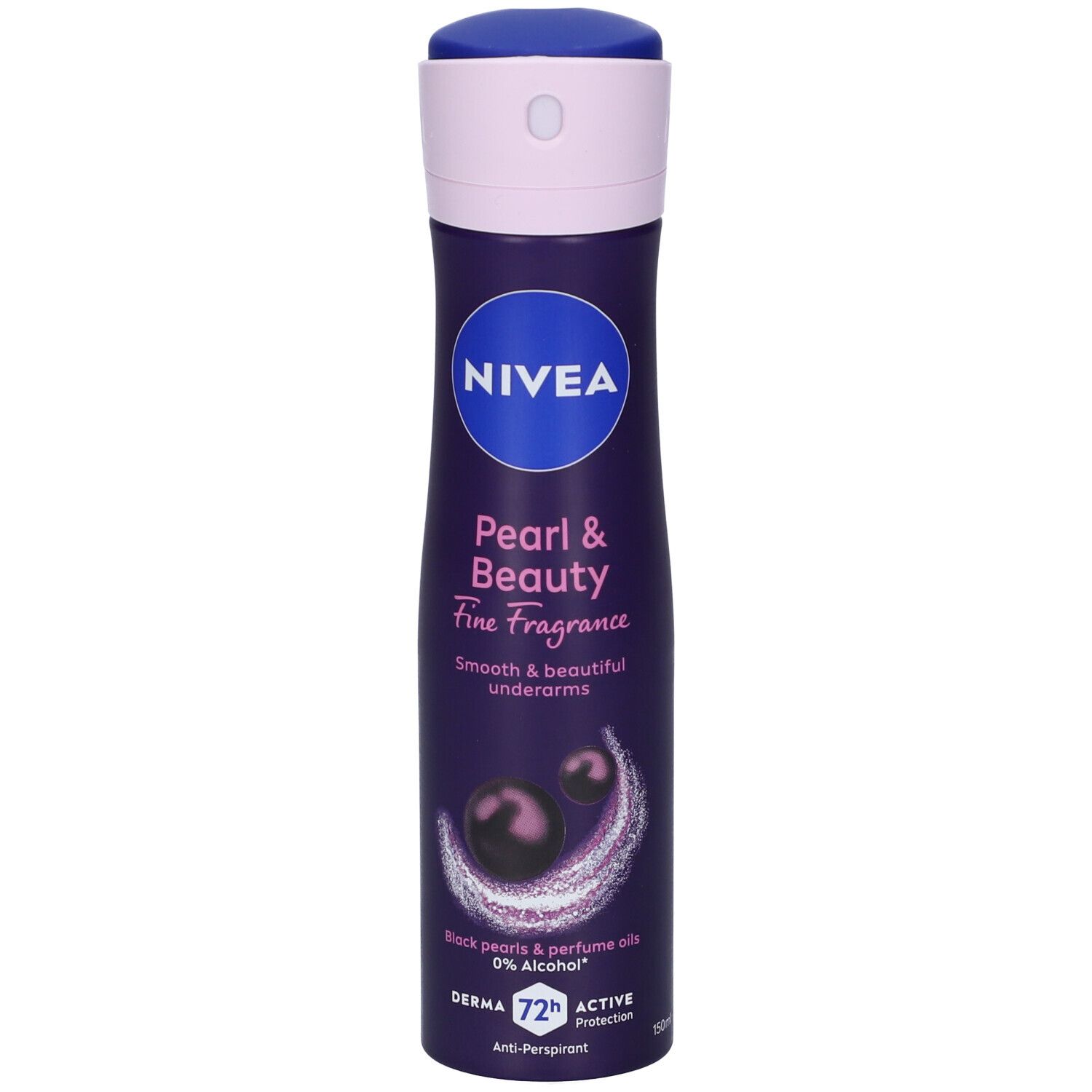 Spray deodorante viola scuro con tappo bianco e blu. Scritta: NIVEA Pearl & Beauty Fine Fragrance. Con perle e oli profumati.