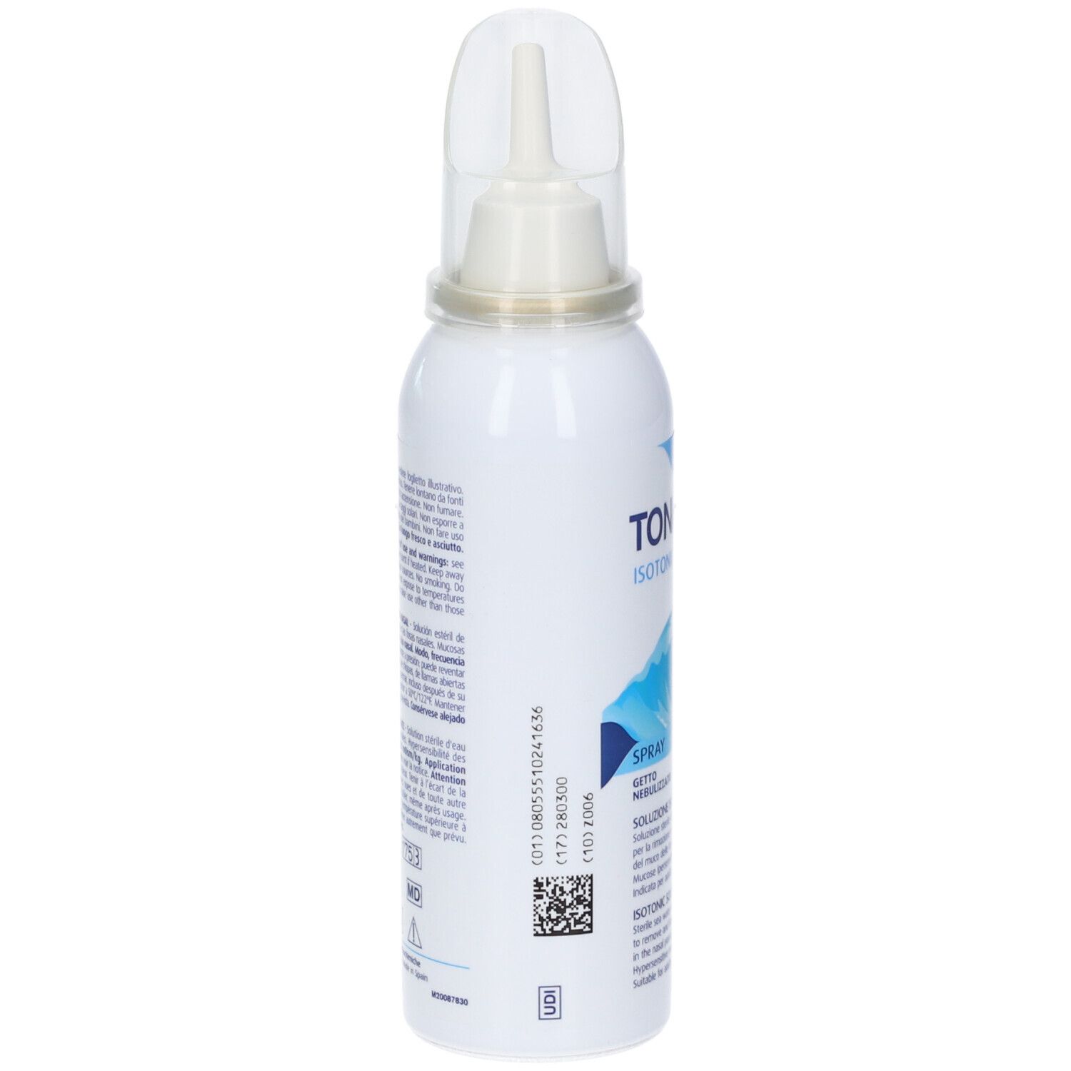 Flacone spray bianco con applicatore nasale. Testo e codice a barre sul retro. Etichetta con informazioni.