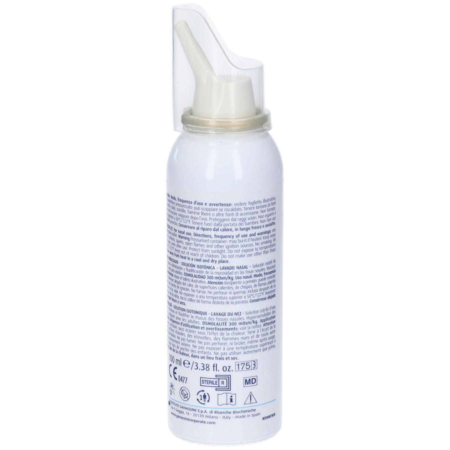Flacone spray bianco con applicatore nasale. Testo sul retro. Etichetta con informazioni.