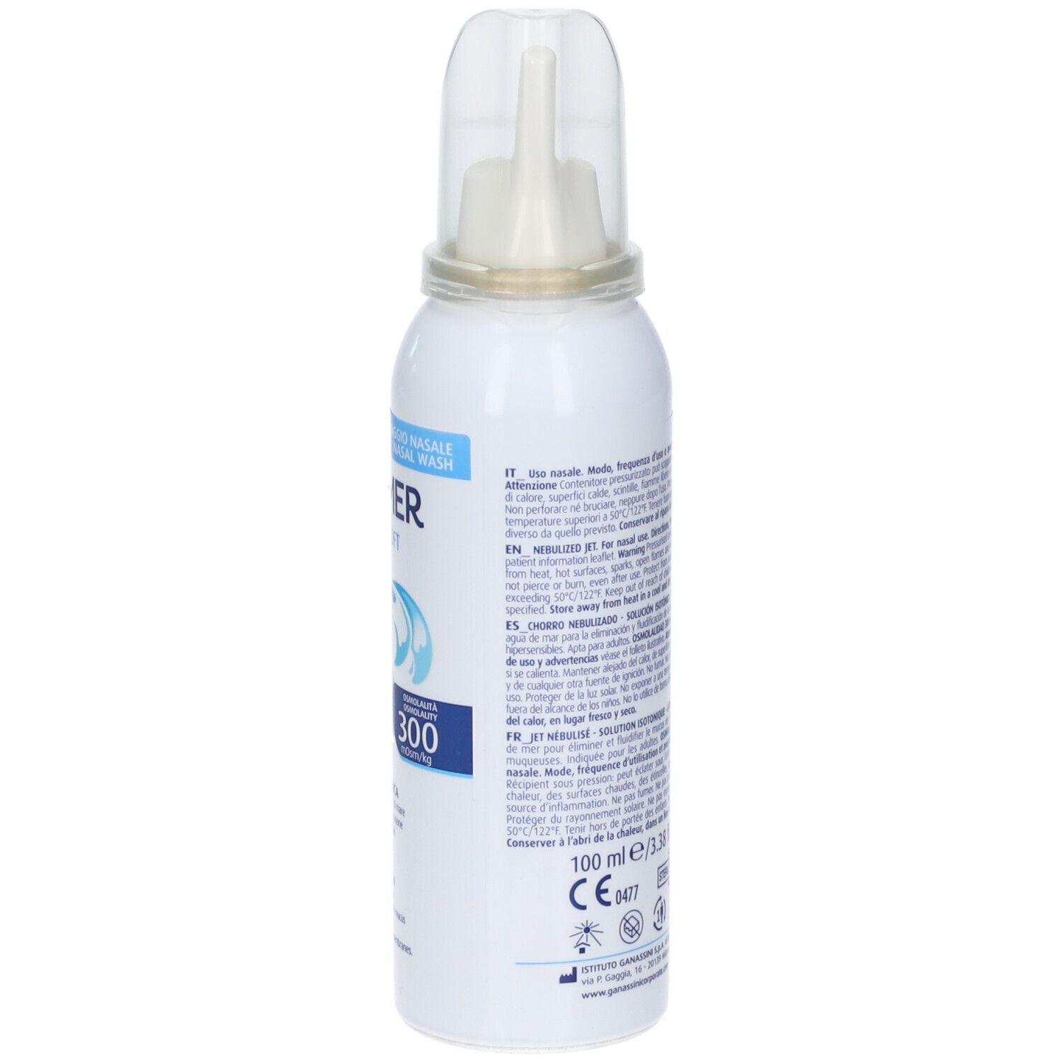 Flacone spray bianco con applicatore nasale. Testo sul retro. Etichetta con informazioni.