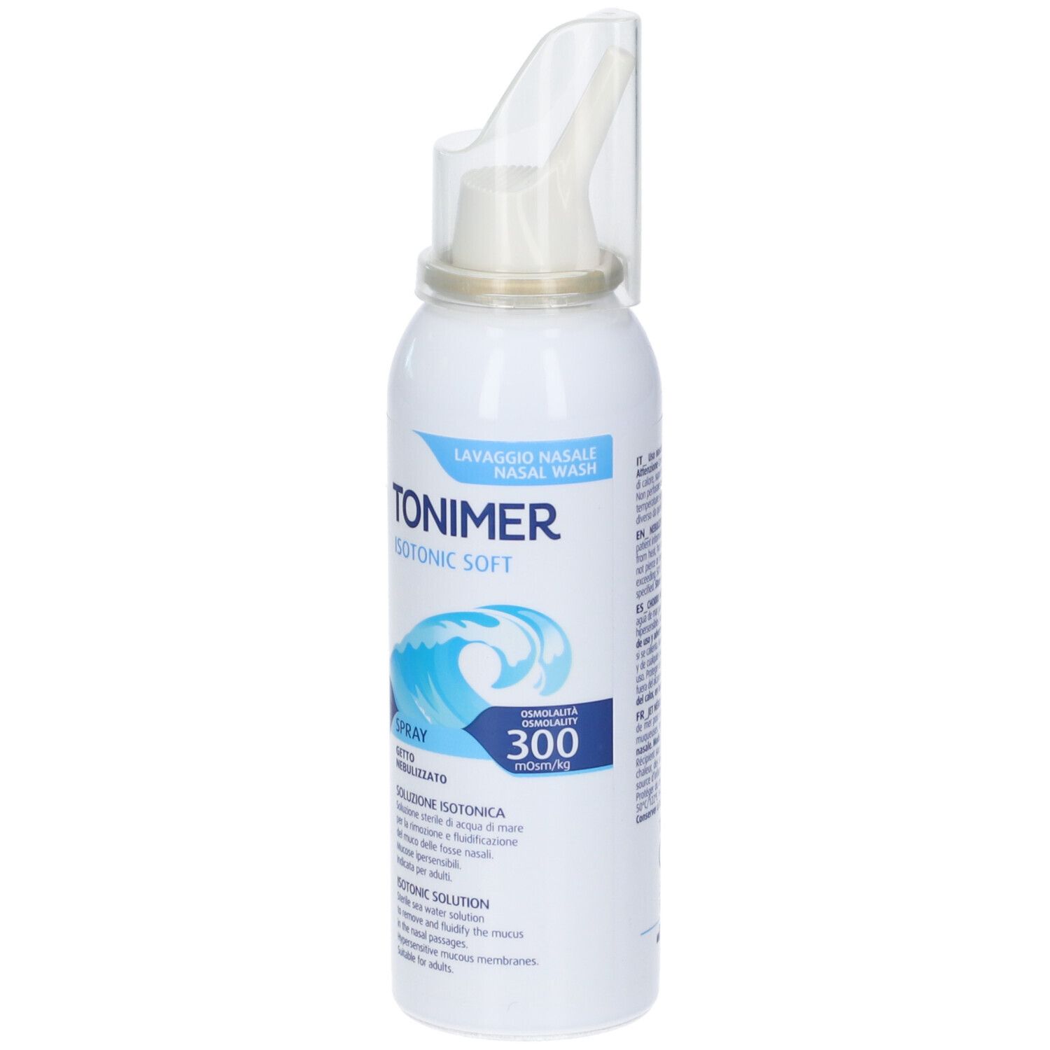 Flacone spray bianco con applicatore nasale. Grafica onde blu e testo: TONIMER ISOTONIC SOFT, LAVAGGIO NASALE, SPRAY, 300.