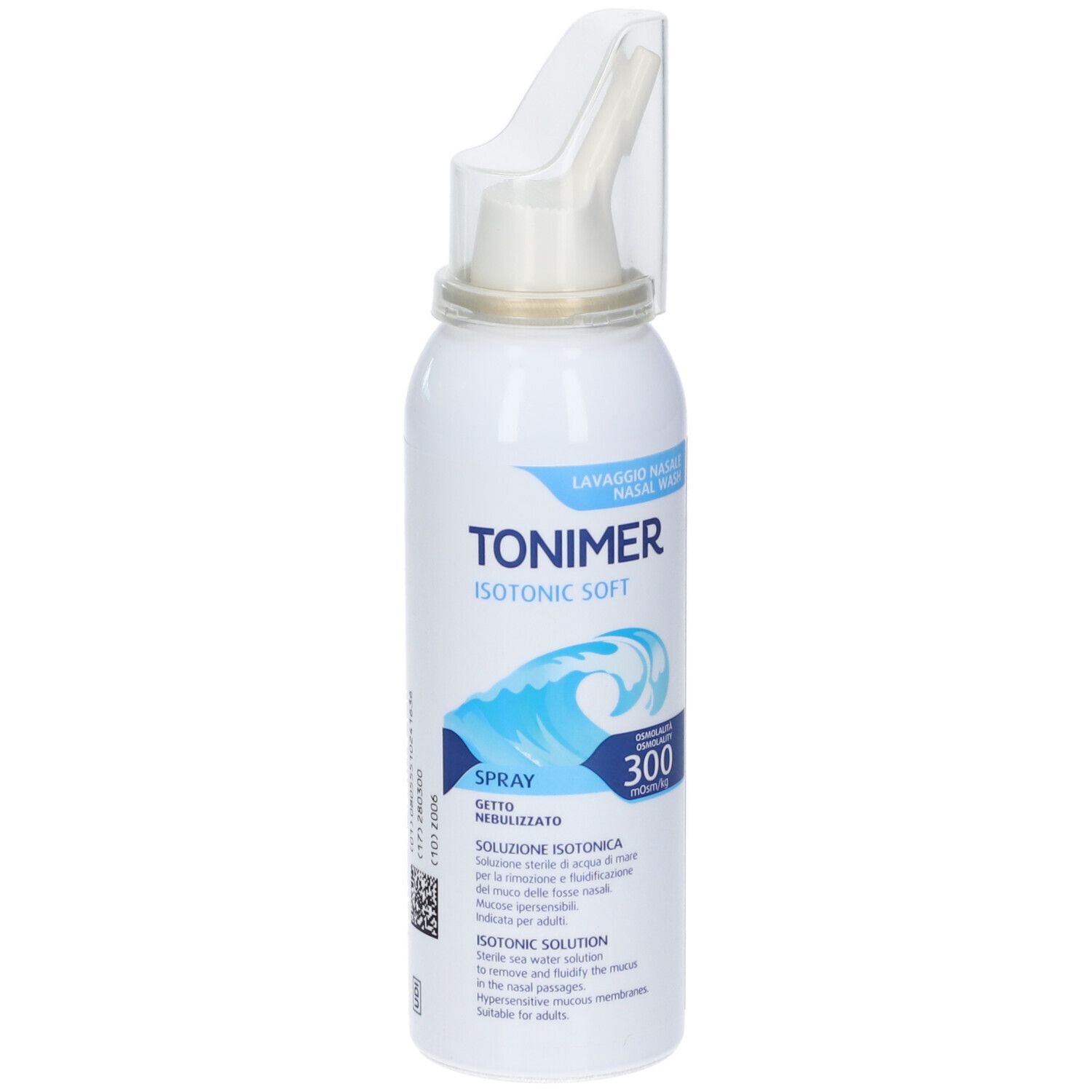 Flacone spray bianco con applicatore nasale. Grafica onde blu e testo: TONIMER ISOTONIC SOFT, LAVAGGIO NASALE, SPRAY, 300.