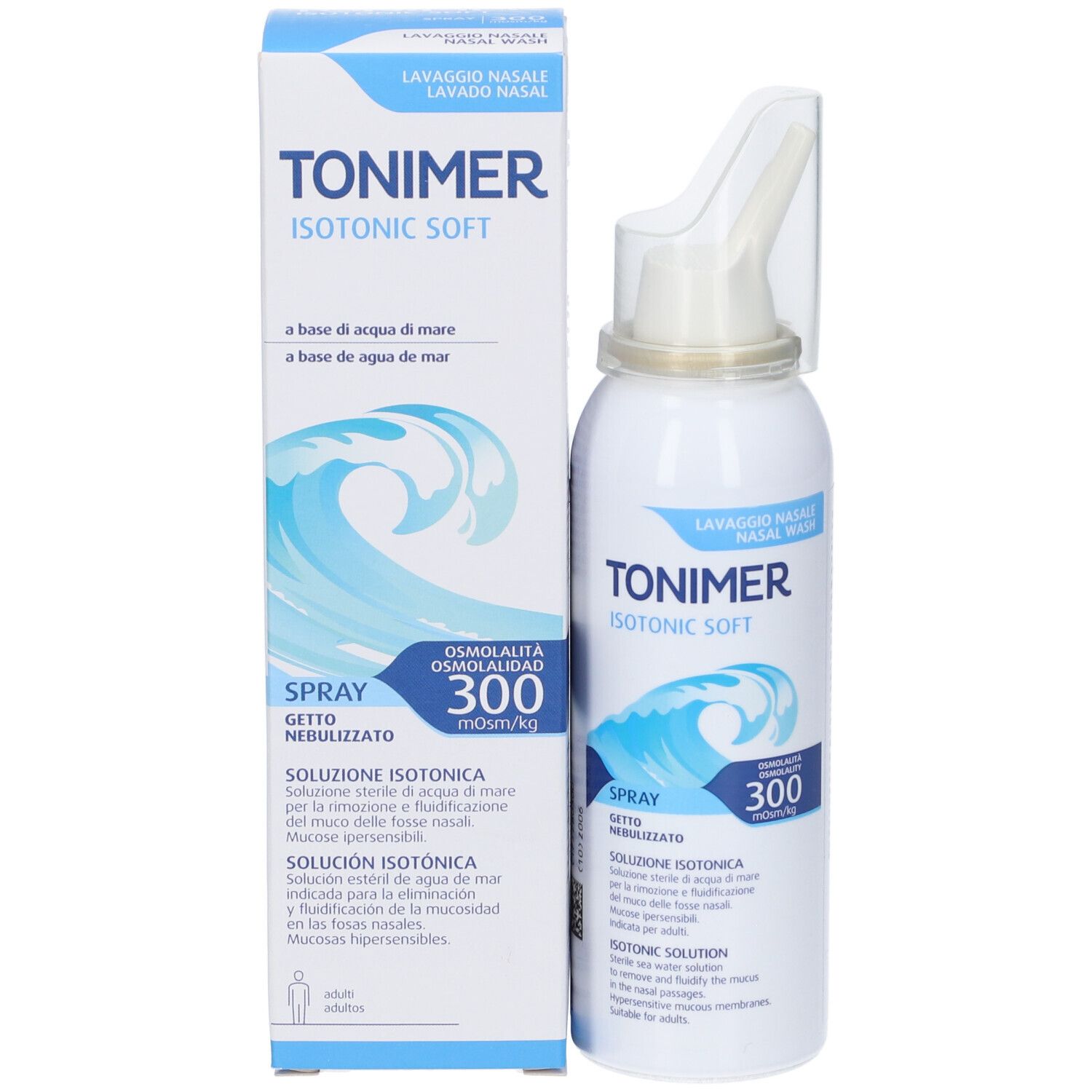 Flacone spray bianco e scatola. Testo: TONIMER ISOTONIC SOFT, LAVAGGIO NASALE, SPRAY, 300. Grafica onde blu.