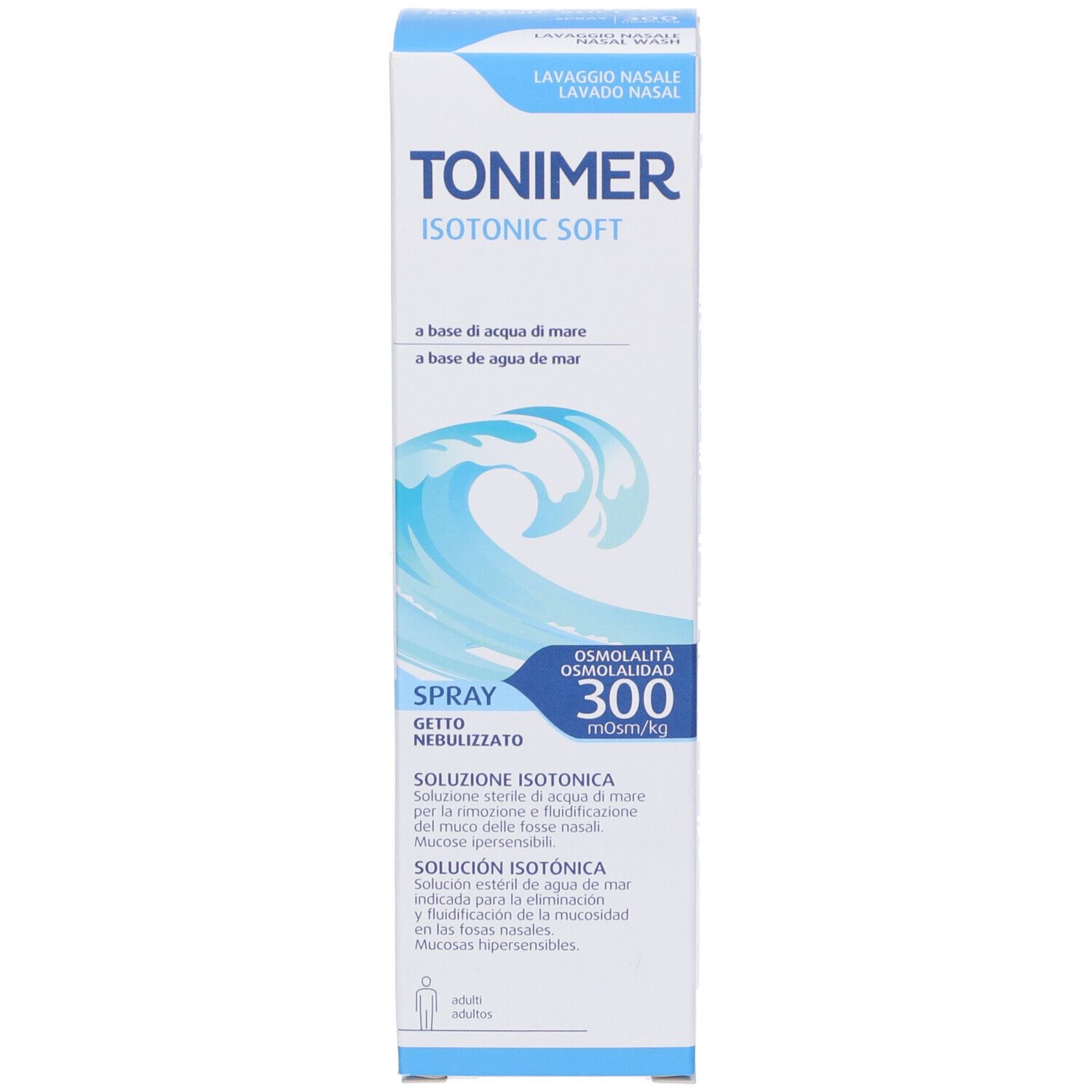 Scatola con testo: TONIMER ISOTONIC SOFT, LAVAGGIO NASALE. Grafica onde blu. Testo: SPRAY, 300.