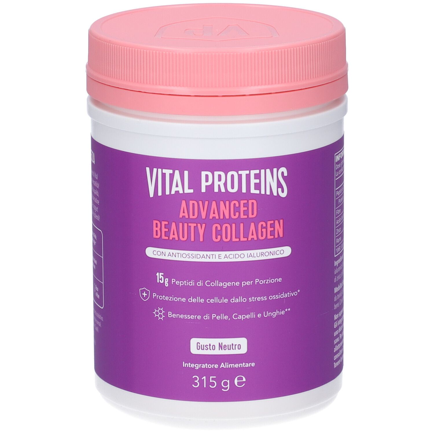 Prodotto con etichetta viola e coperchio rosa. Scritta: Vital Proteins Advanced Beauty Collagen, 315g.