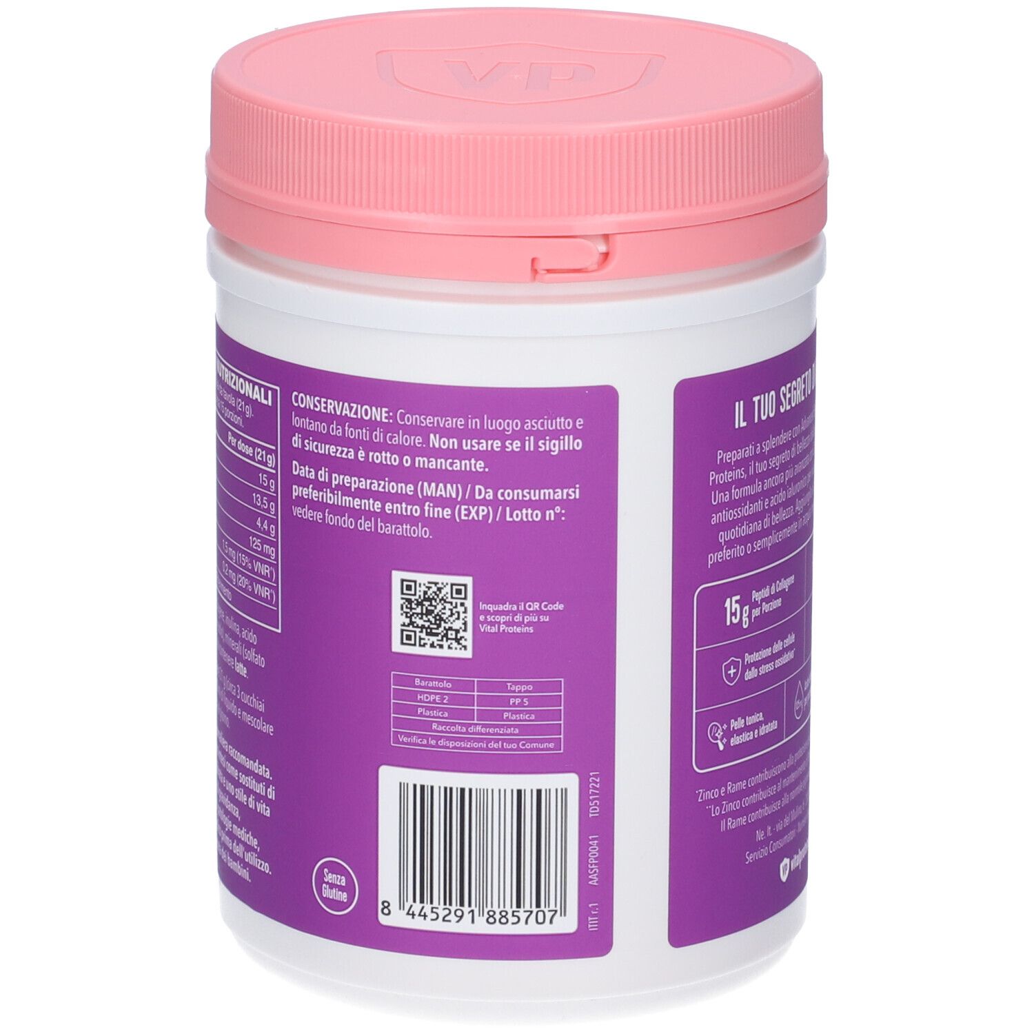 Retro del prodotto. Testo: Il tuo segreto di bellezza, 15g di collagene per porzione, Benessere di Pelle, Capelli e Unghie.