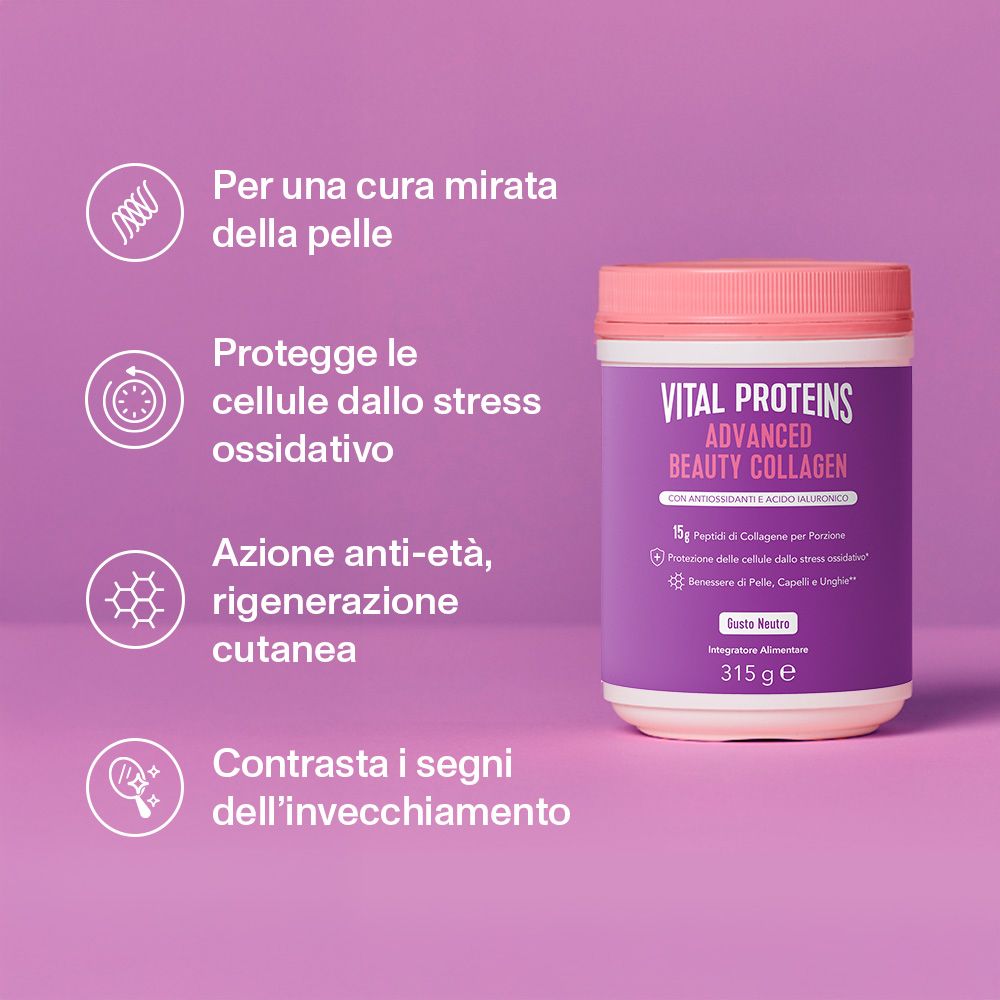 Sfondo viola con immagine del prodotto. Testo: Per una cura mirata della pelle, Protegge le cellule, Azione anti-età, Contraste i segni.