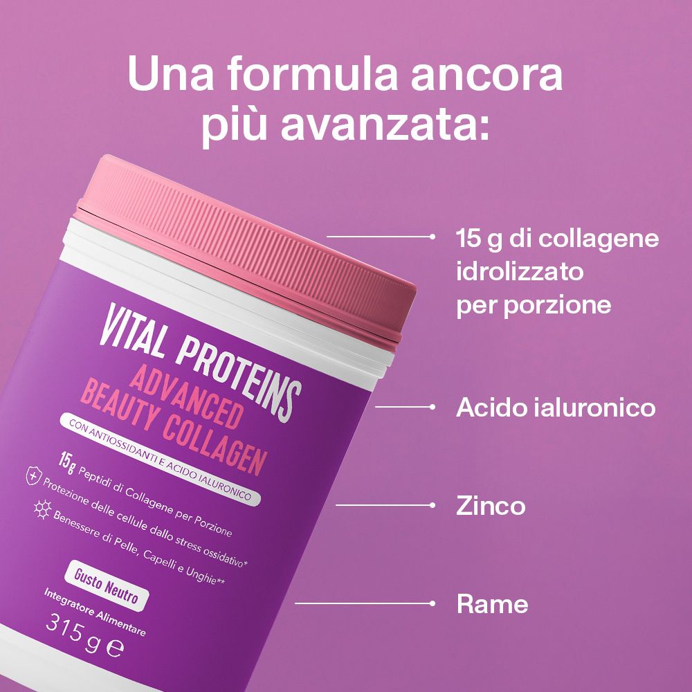 Sfondo viola con immagine del prodotto. Testo: 15 g di collagene, acido ialuronico, zinco, rame.