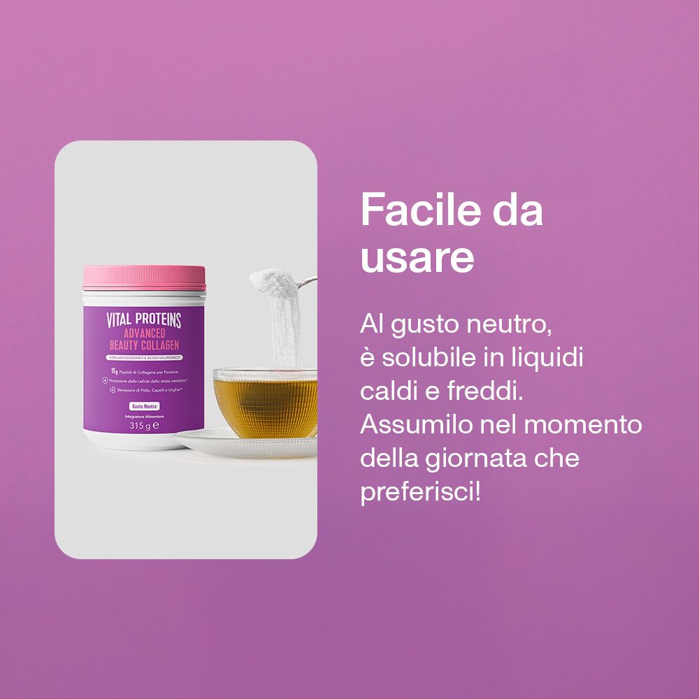 Prodotto accanto a una ciotola con liquido. Testo: Facile da usare, Al gusto neutro, è solubile in liquidi caldi e freddi.