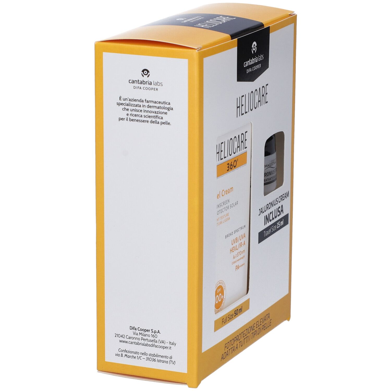 Scatola gialla con testo. Scritta HELIOCARE. Informazioni del produttore. Lato della confezione con testo.