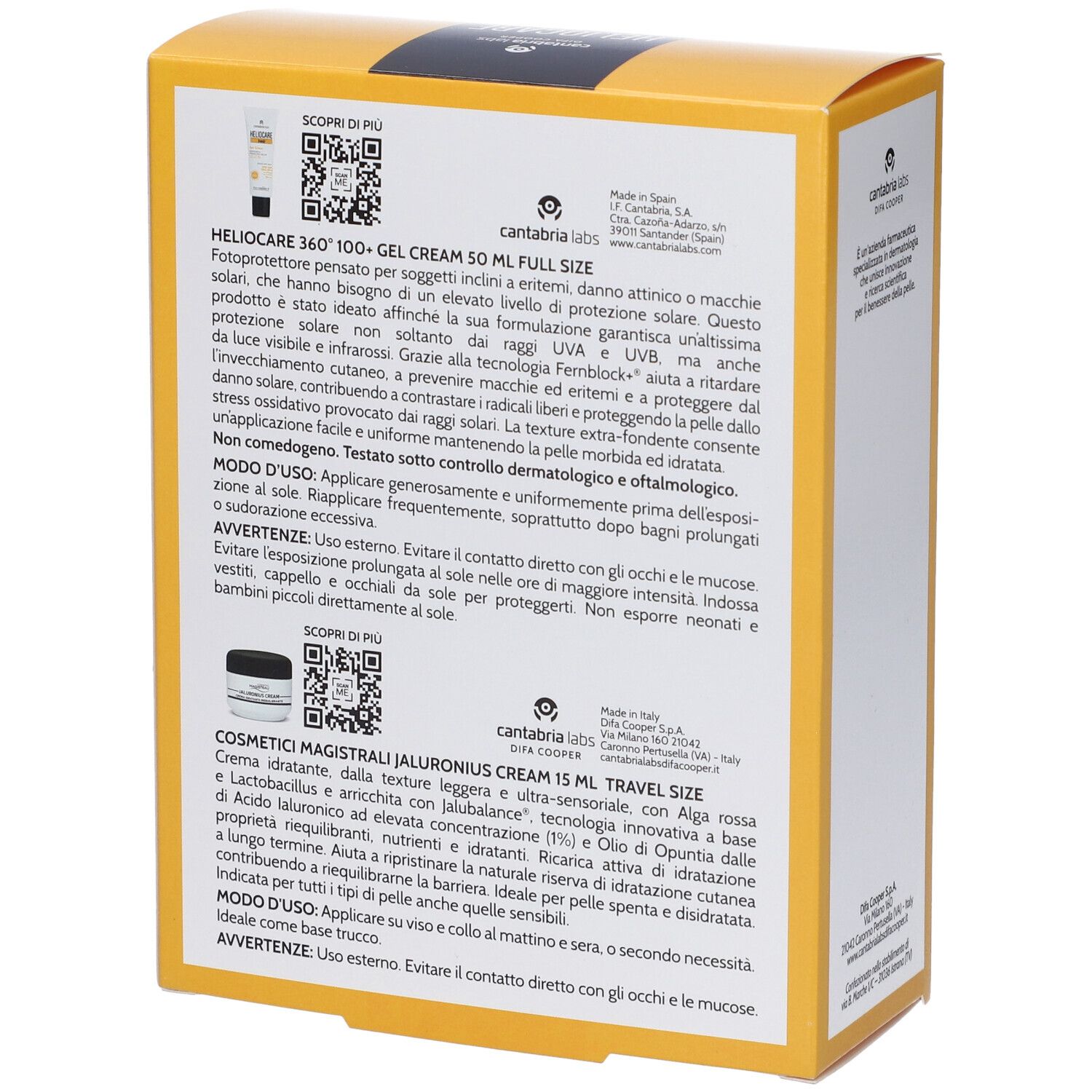 Retro della scatola gialla. Testo e codici QR. Scritta HELIOCARE. Informazioni sul prodotto.