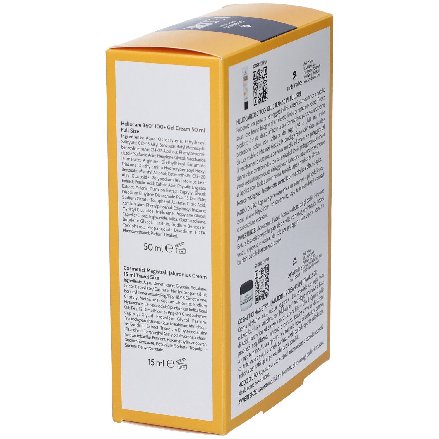 Lato della scatola gialla con testo. Scritta HELIOCARE. Ingredienti e informazioni sul prodotto.