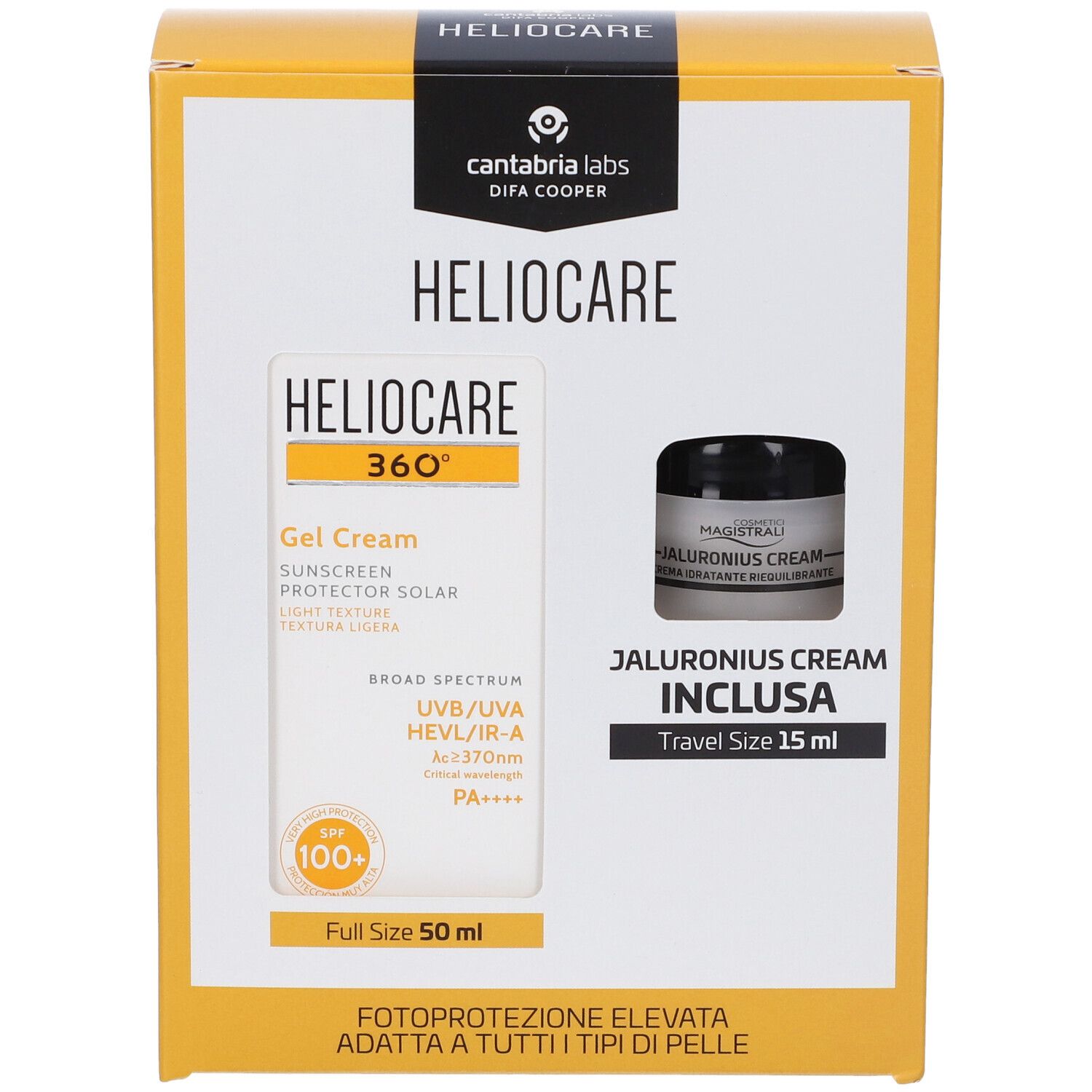 Confezione con crema gel e crema. Scritte HELIOCARE 360°, JALURONIUS CREAM INCLUSA. Crema gel 50 ml, crema 15 ml.