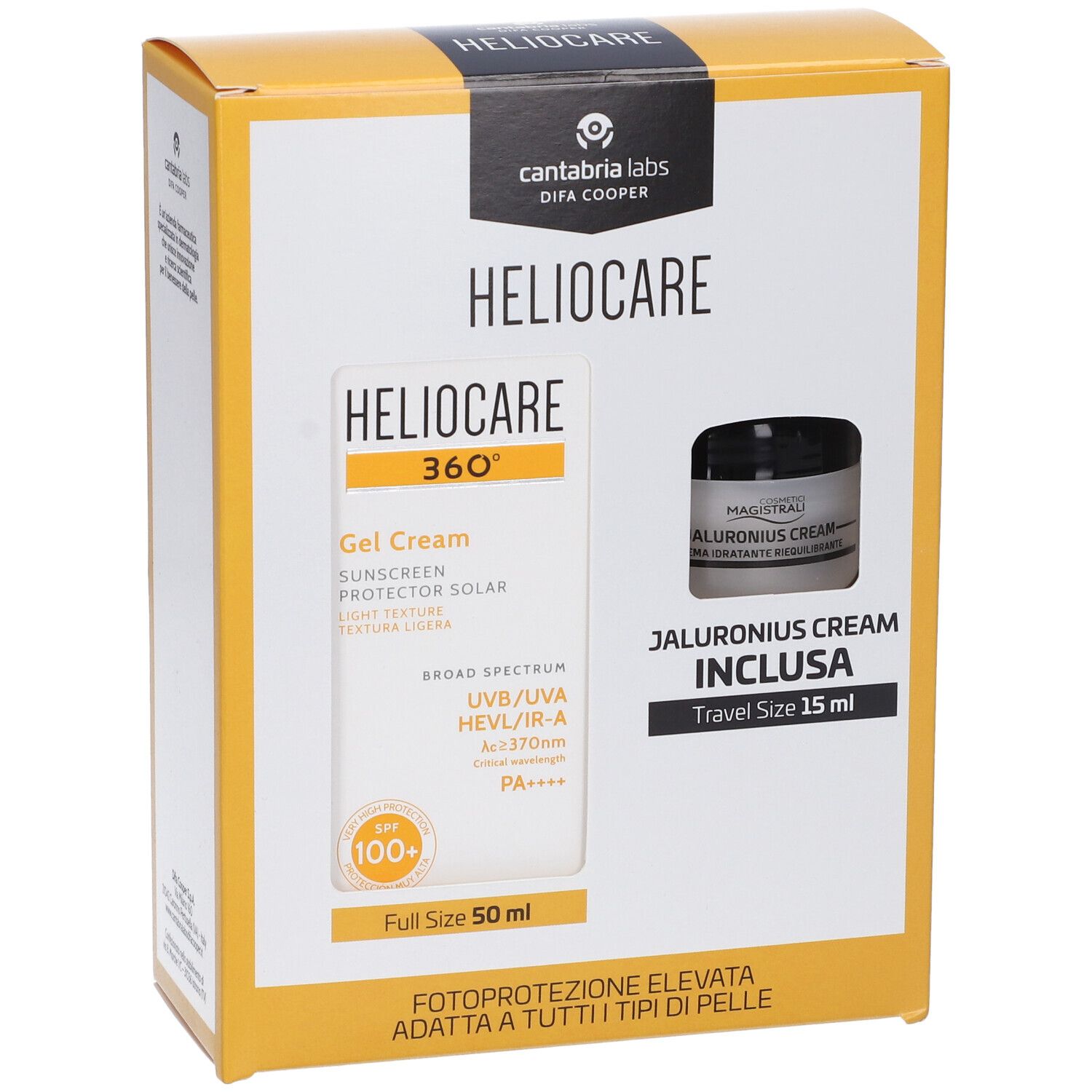 Confezione con crema gel e crema. Scritte HELIOCARE 360°, JALURONIUS CREAM INCLUSA. Crema gel 50 ml, crema 15 ml.
