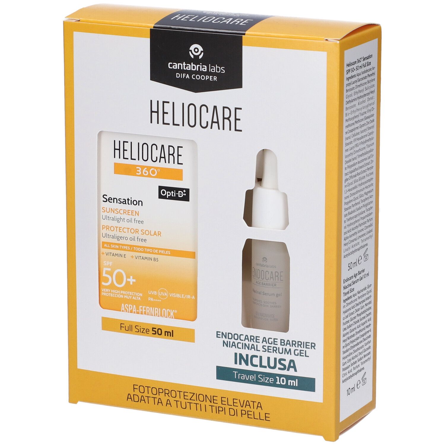 Heliocare 360° Sensation SPF 50+ Con Endocare Age Barrier Niacinal Serum Gel Inclusa