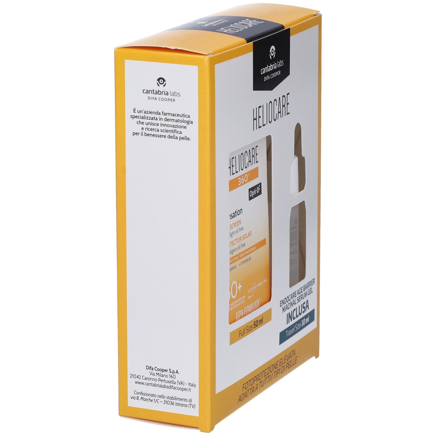 Scatola gialla HELIOCARE. Vista laterale con testo e logo. Scritte: HELIOCARE, cantabria labs.