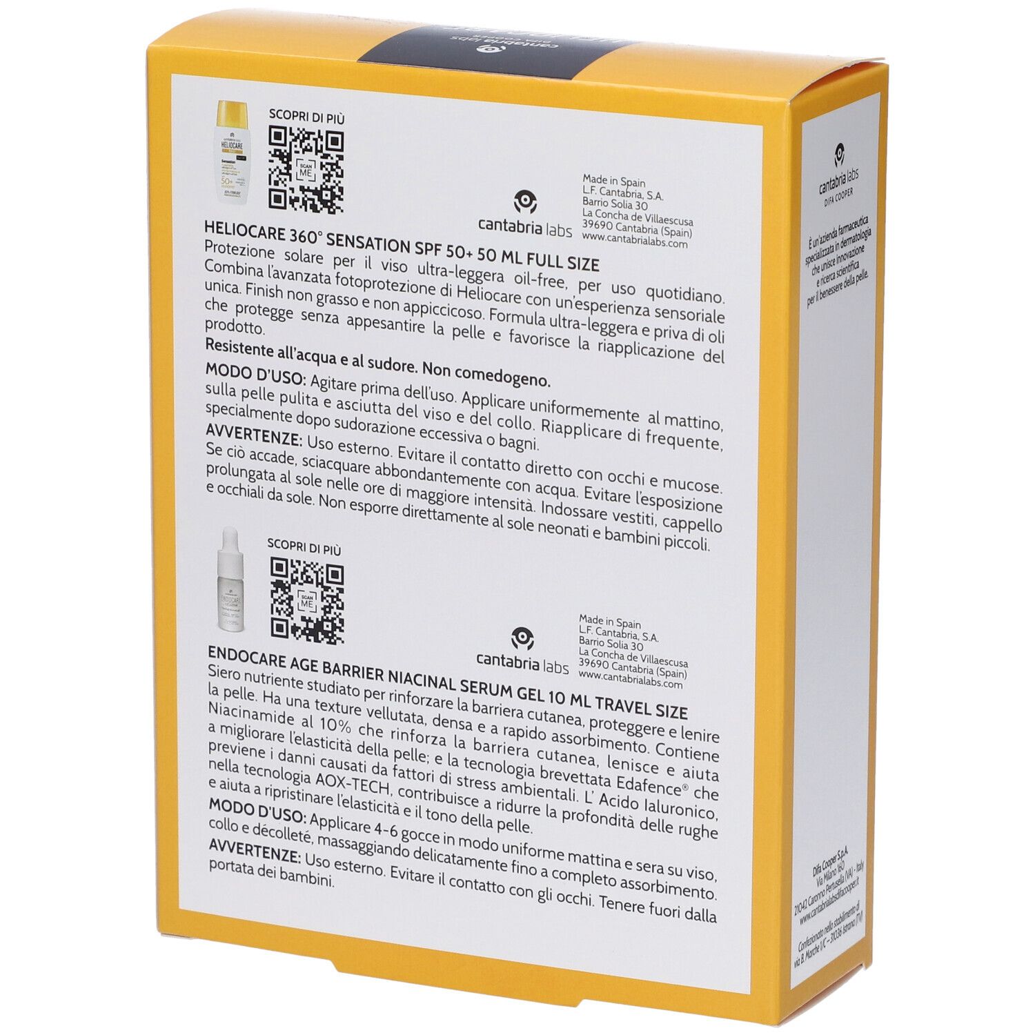 Retro della scatola gialla HELIOCARE. Testo in italiano. Codici QR e informazioni sul prodotto.