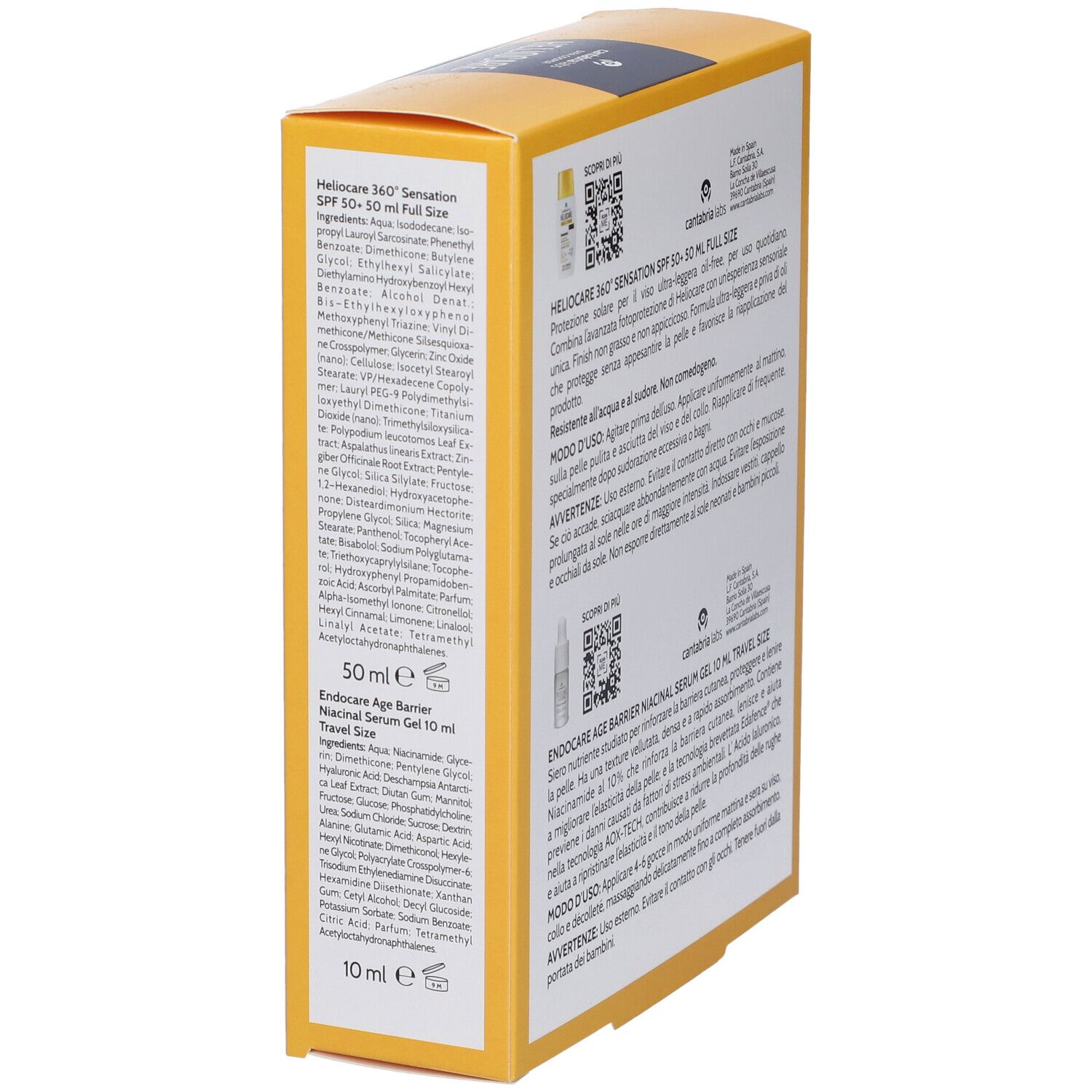 Retro della scatola gialla HELIOCARE. Testo in italiano. Ingredienti e informazioni sul prodotto.