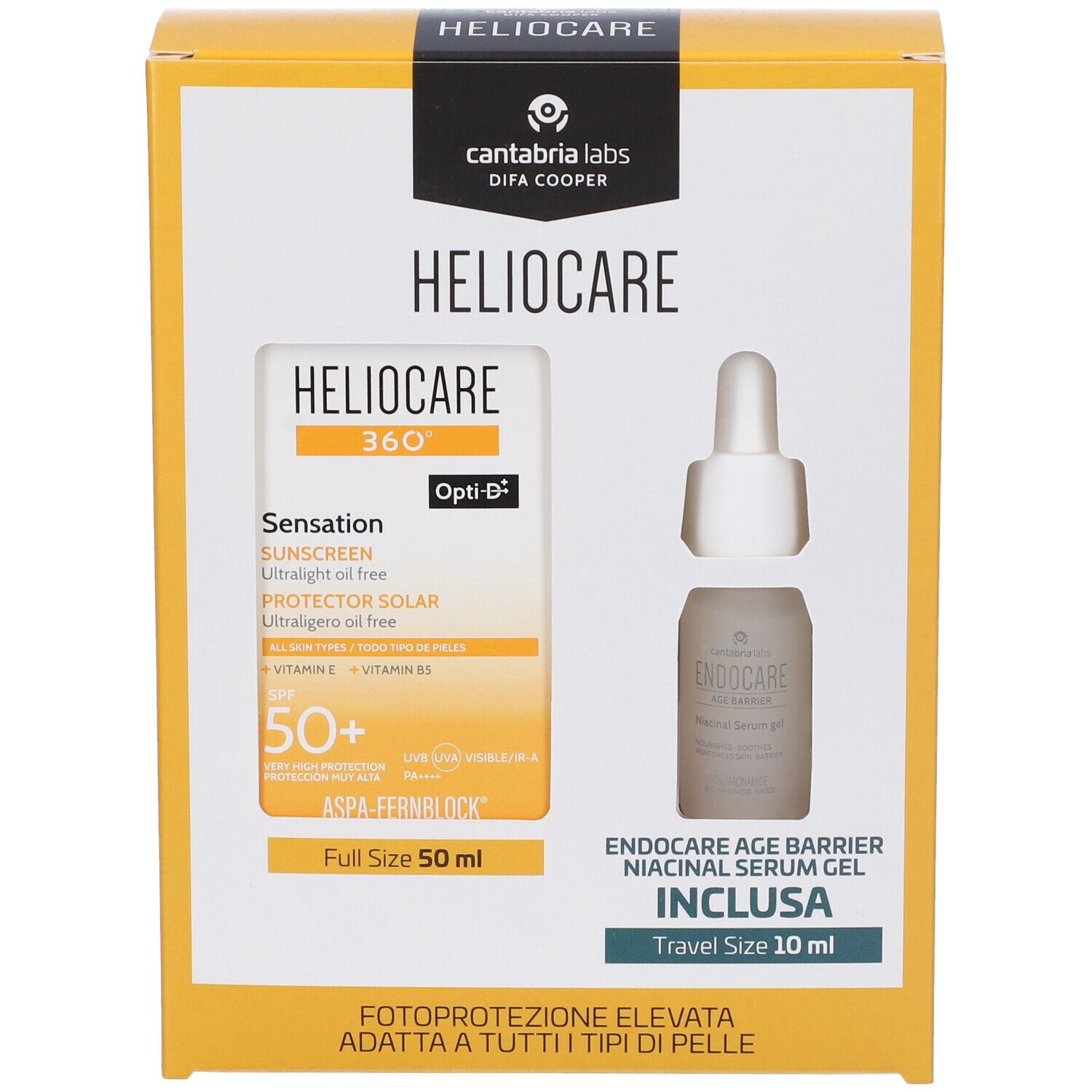 Scatola gialla HELIOCARE. Contiene crema solare e siero. Scritte: HELIOCARE 360, Sensation, SPF 50+.