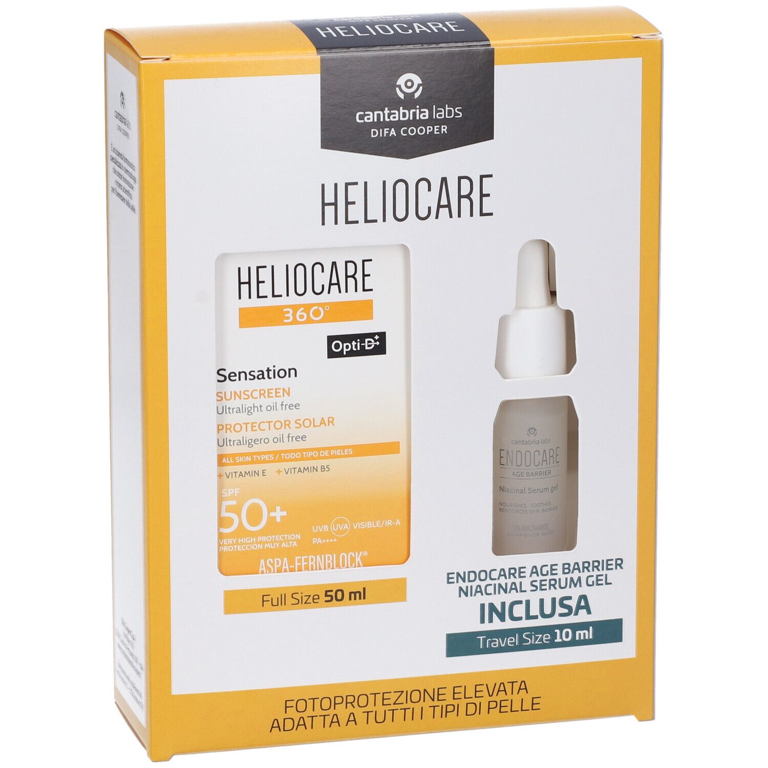 Scatola gialla HELIOCARE. Contiene crema solare e siero. Scritte: HELIOCARE 360, Sensation, SPF 50+.