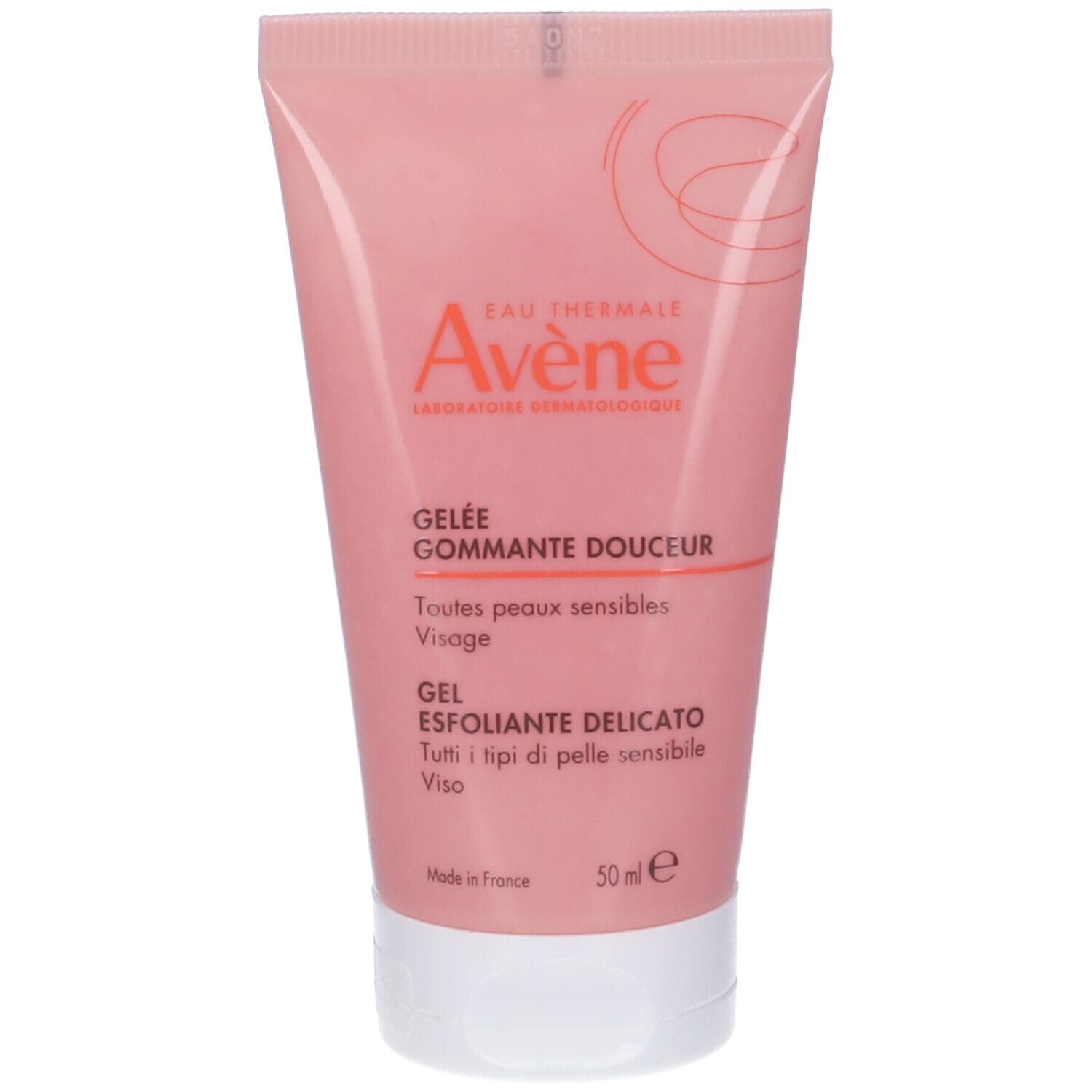 Tubo rosa con tappo bianco. Scritta: Avène, Gommage Douceur, Gel Esfoliante Delicato. 50 ml.